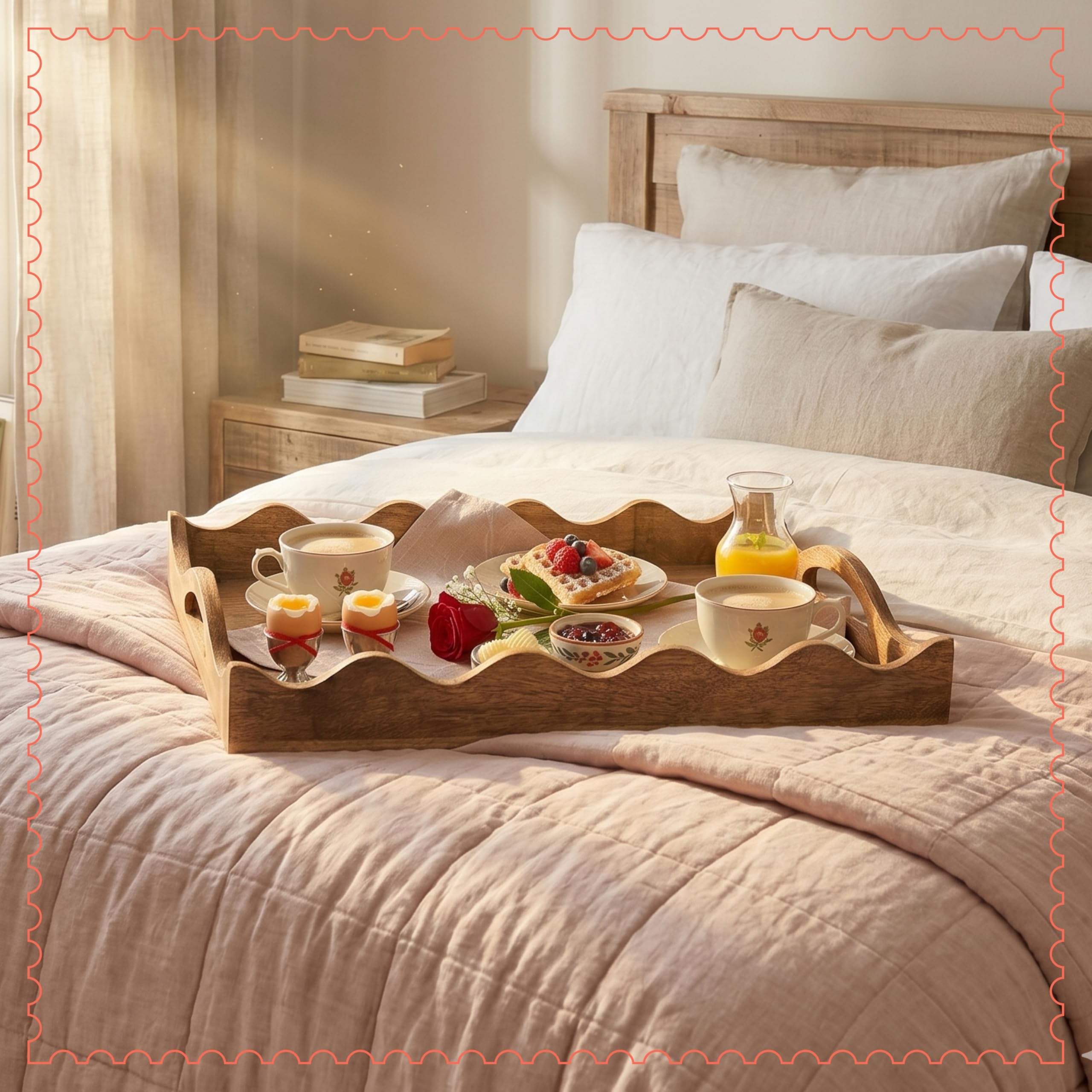 Mela Artisans Plateau de Service Ottoman en Bois | Taille M, festonné Blanc brûlé | Bois de manguier décoratif | pour Servir Le Petit déjeuner, d'autres Aliments, café et thé | Décoration d'intérieur