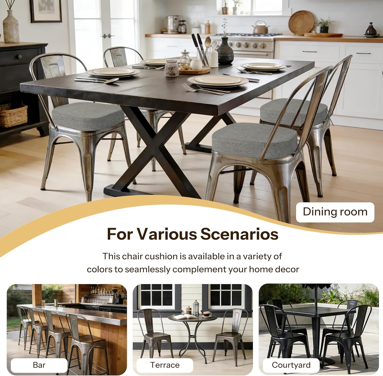 2.4 Inch Thick Metal Chair Cushions 14x14 Inch Set of 4 Non Slip Metal Dining Chair Pads with Ties and Removable Cover Seat Cushion for Cafe Kitchen Dining Room Light Grey