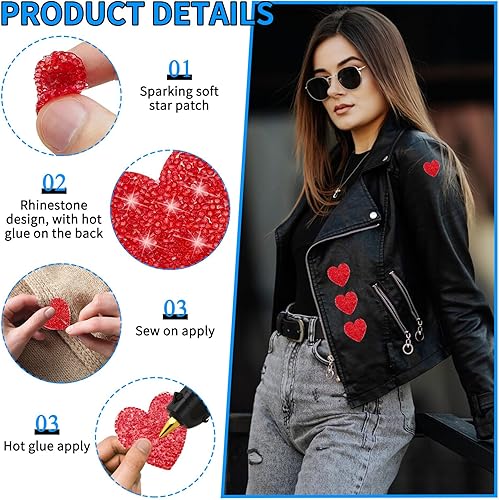 Miniatura 10 de 26 parches para planchar en forma de corazón, parches de diamantes de imitación, apliques adhesivos plateados, pegamento caliente, corazones de