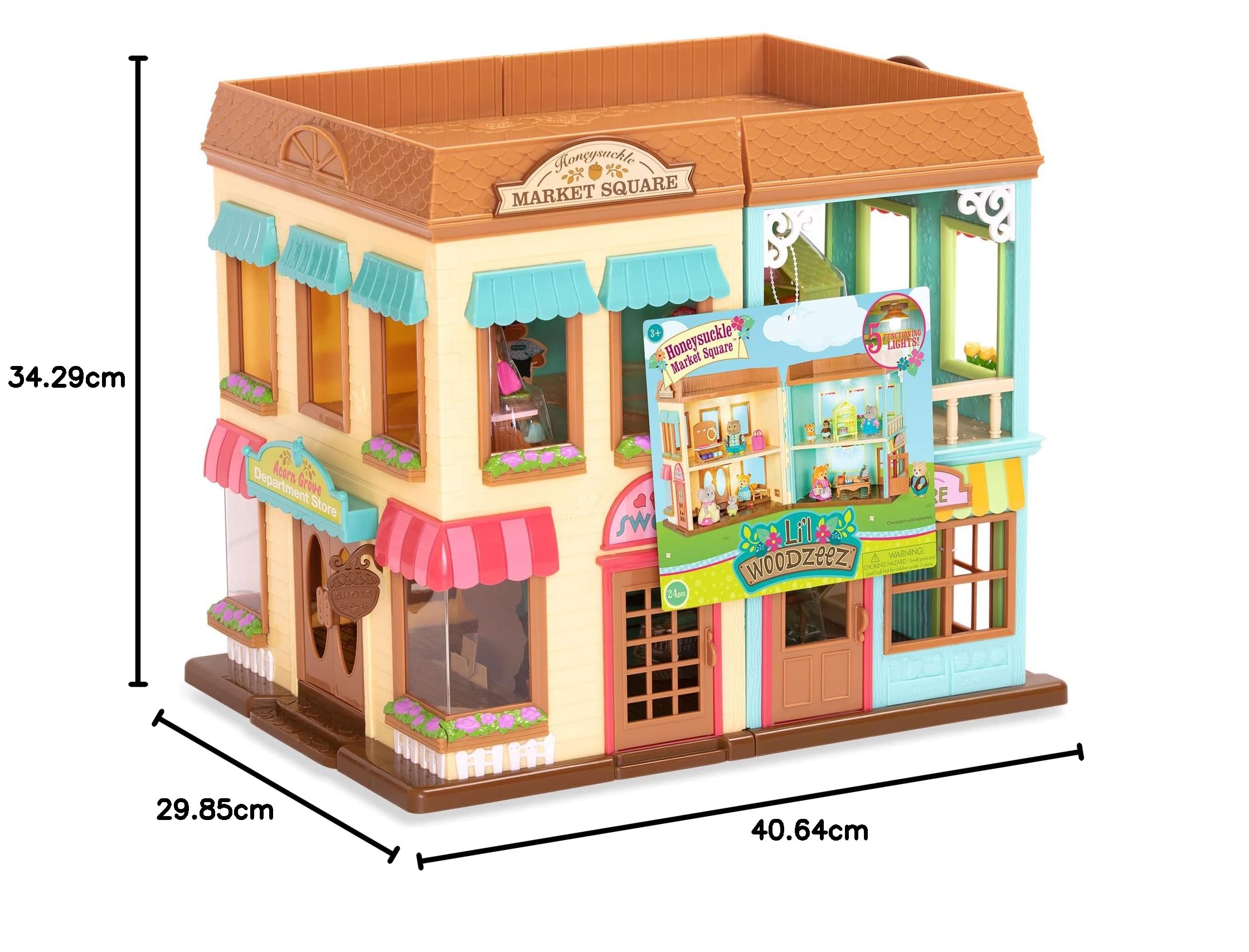 B. toys Li’l Woodzeez Piazza del mercato Honeysuckle con luci e accessori | Set da 24 con luci funzionanti, cassa, cestino e accessori per la spesa nella Piazza del mercato Honeysuckle, 3+ anni
