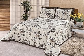 Cobre Leito Colcha Casal Queen Tecido Piquet 03 Peças Estampado Floral Tabaco