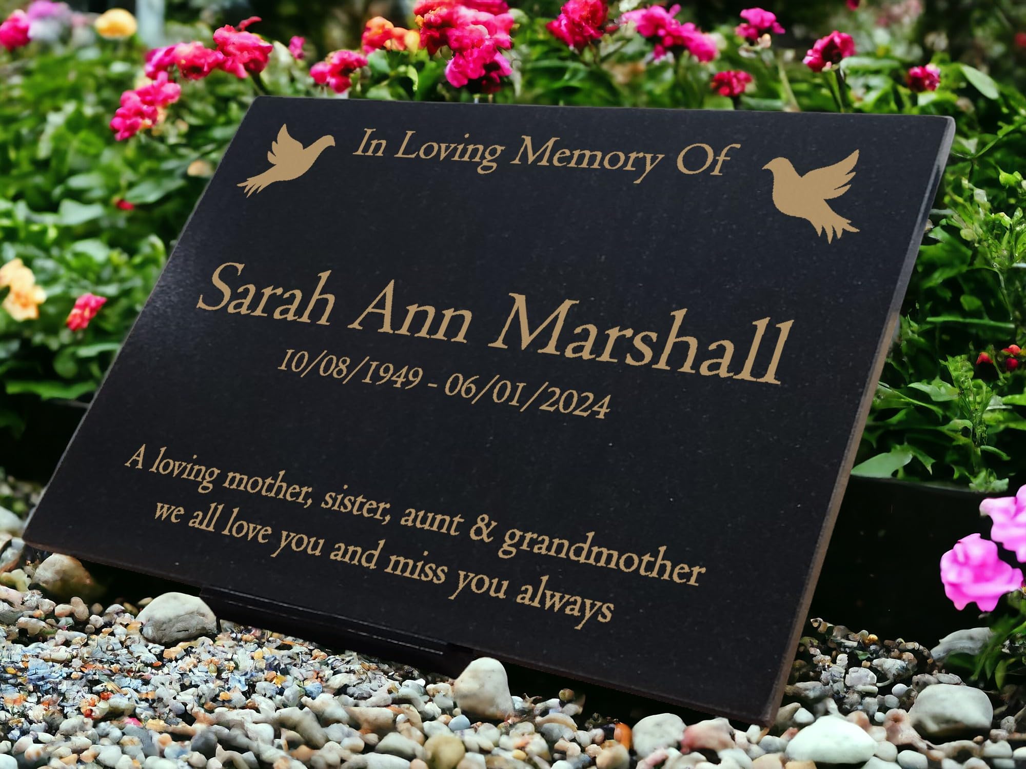 Personalised Granite Memorial Plaque Dove, Engraved, 29x21cm, Gold Lettering, Crematorium, Grave Marker, Garden Memorial