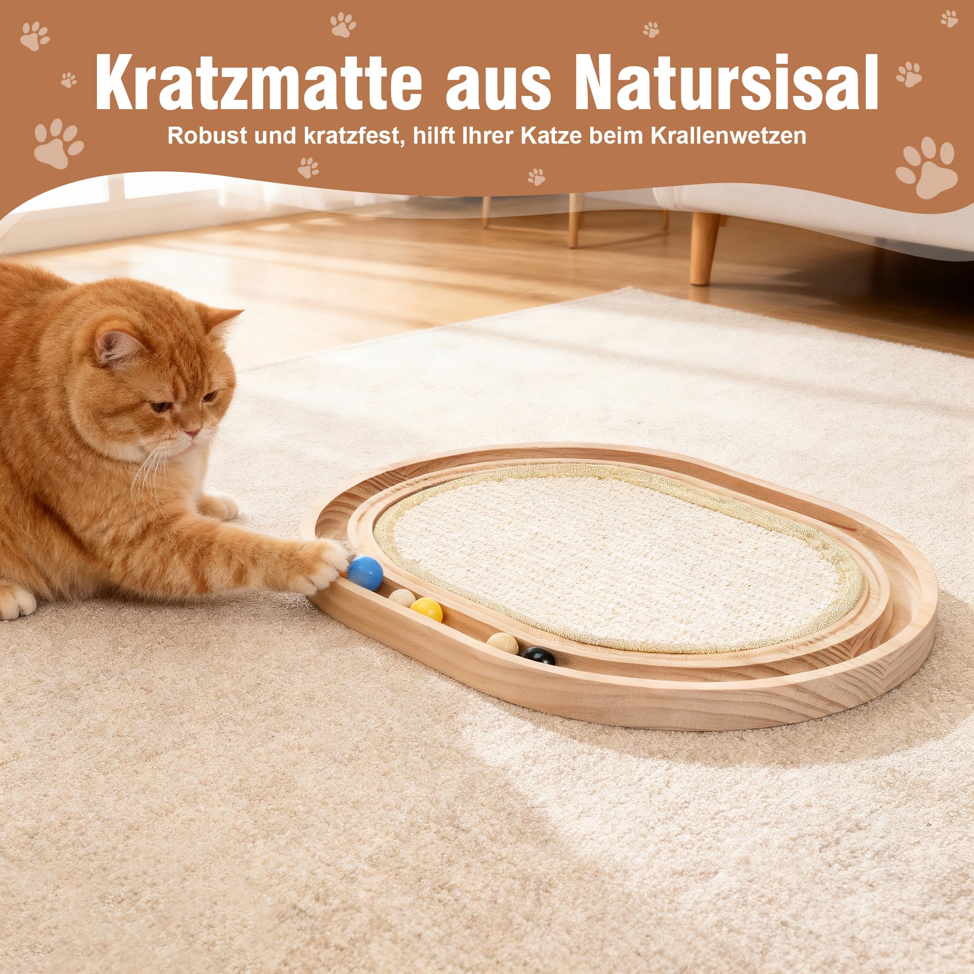 Zocipro 2w1 mata do drapania dla kotów i zabawka z torem kulkowym, 43x33x3 cm, mata do drapania z sizalem, zabawka z piłką do gry dla kotów do zabawy, relaksu i szlifowania pazurów, Beżowy