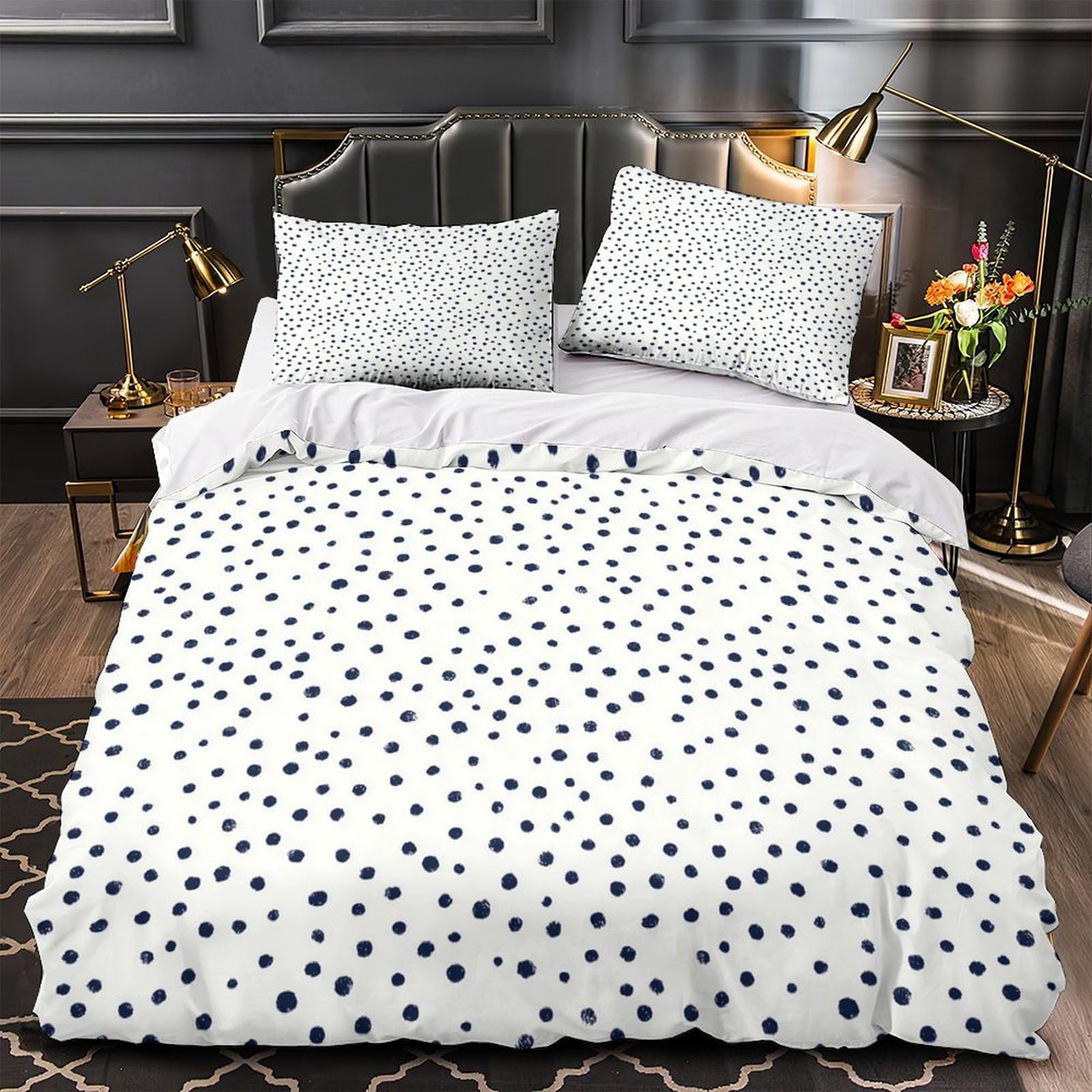 Housse de couette respirante 200x200 design moderne à pois avec taies d'oreiller