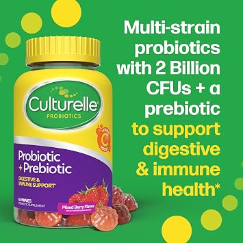 Culturelle Daily Probiotic Gummies for Women & Men, Berry Flavor, 52 Count, Naturally-Sourced Daily Probiotic + Prebiotic for Digestive Health, Non-GMO & Vegan
