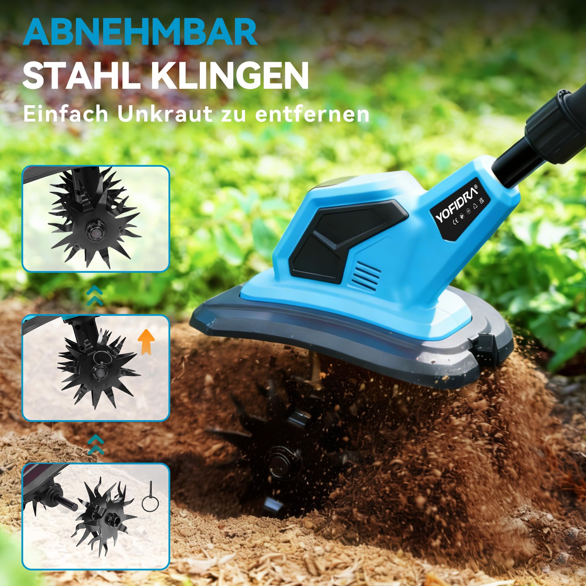 Yofidra Akku-Bodenhacke Gartenfräse - 600W Motorhacke mit 23cm Arbeitsbreite, 17cm Arbeitstiefe, LED-Anzeige, 2x2.0Ah Akku, 4x12 Zähne Bodenfräse für Bodenbearbeitung, Elektro-Tiller für Garten