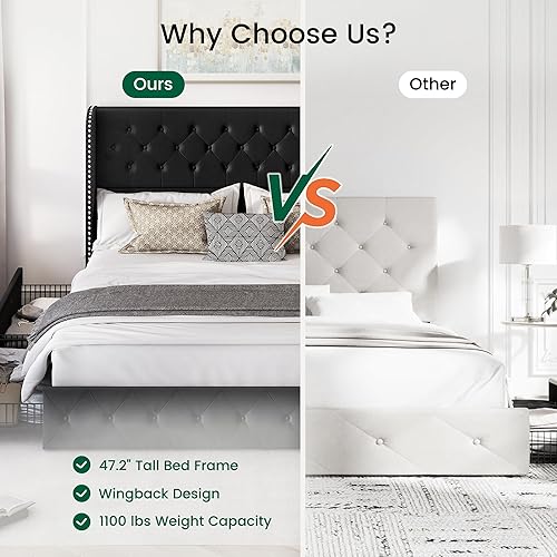 Miniatura 114 de LARMACE - Marco de cama tamaño King con 4 cajones de almacenamiento y cabecera tapizada con botones, cama de plataforma tapizada en lino con