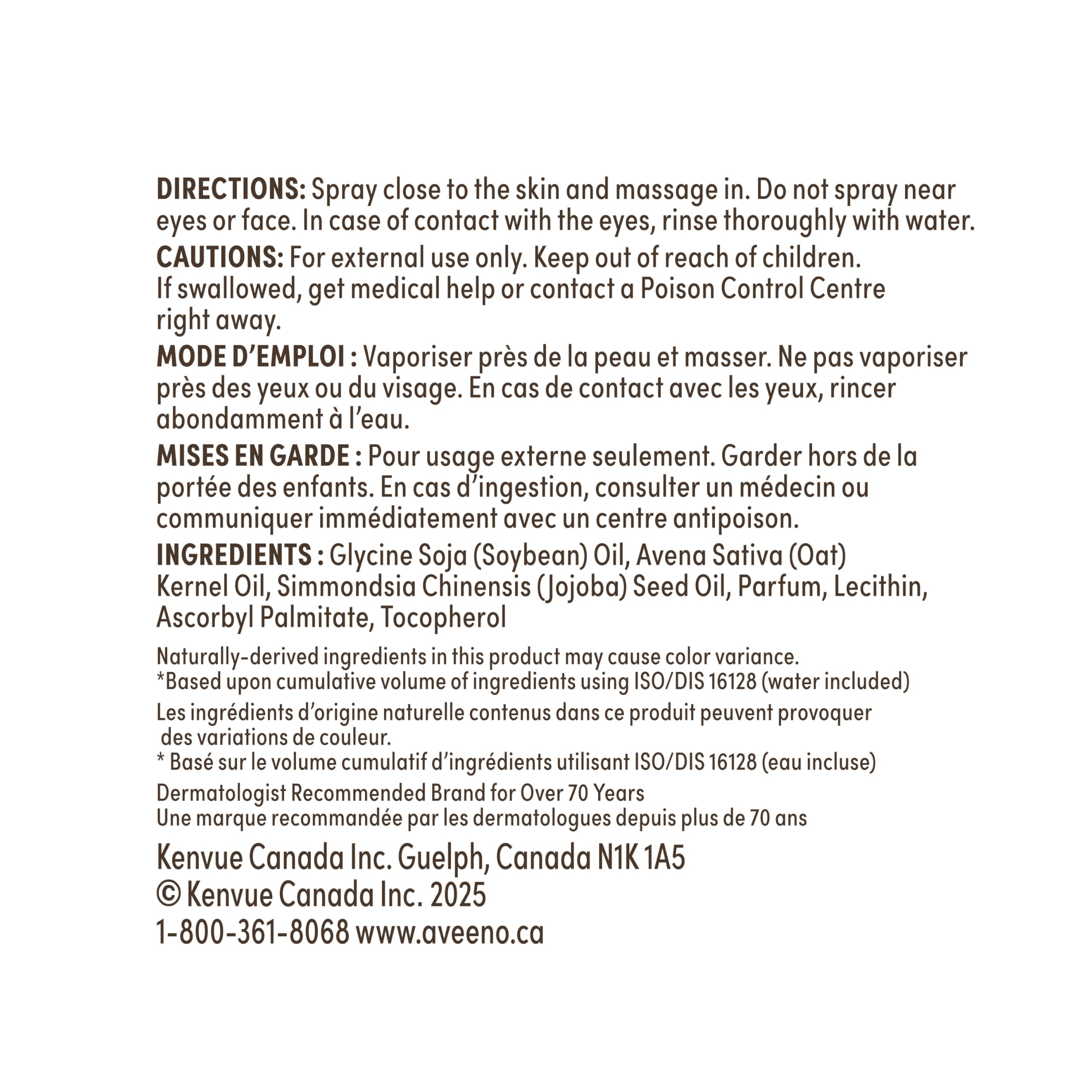 Aveeno Daily Moisturizing Oil Mist with Oat & Jojoba Oil, 200mL