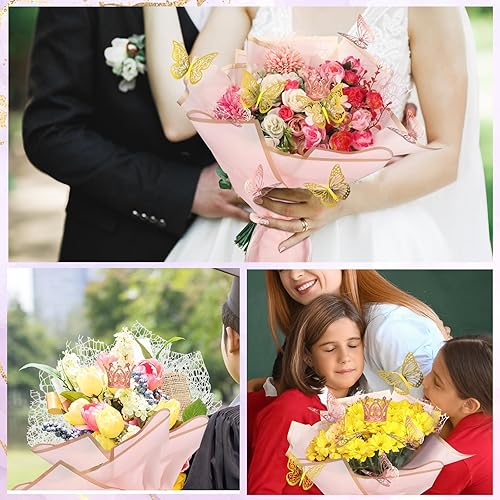 Miniatura 5 de Qilery Juego de 334 piezas de papel de regalo de flores, 153 papel de regalo de ramo floral impermeable, 72 decoraciones de mariposas doradas 3D,