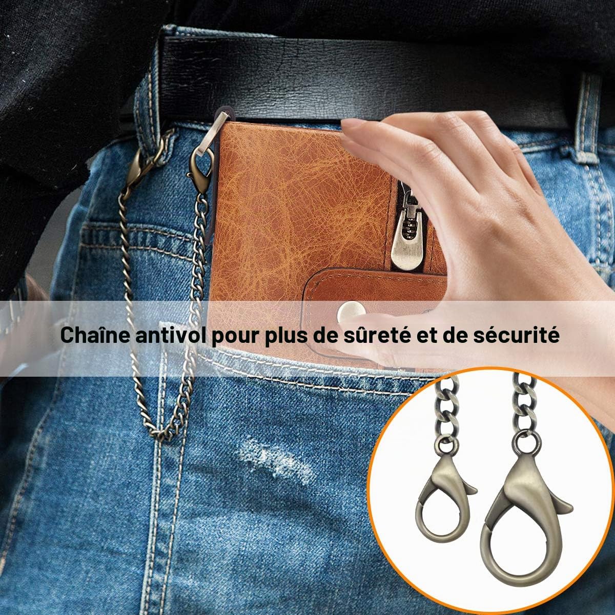 REETEE Portefeuille Homme en Cuir Blocage RFID Porte Monnaie Homme 16 Fentes pour Cartes Fermeture Eclair Poche à Monnaie avec Chaine Porte-Monnaie Classique (Marron Clair) …