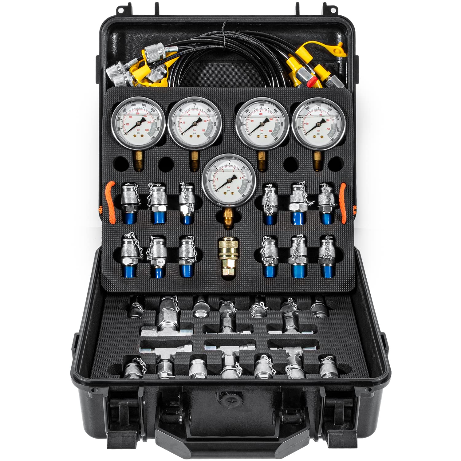 Hydraulic Pressure Test Kit with 5 Gauges 13 Test Couplings 14 Tee Connectors 5 Test Hoses for Excavator Construction Machinery 10/100/250/400/600bar 150/1500/4000/6000/9000PSI