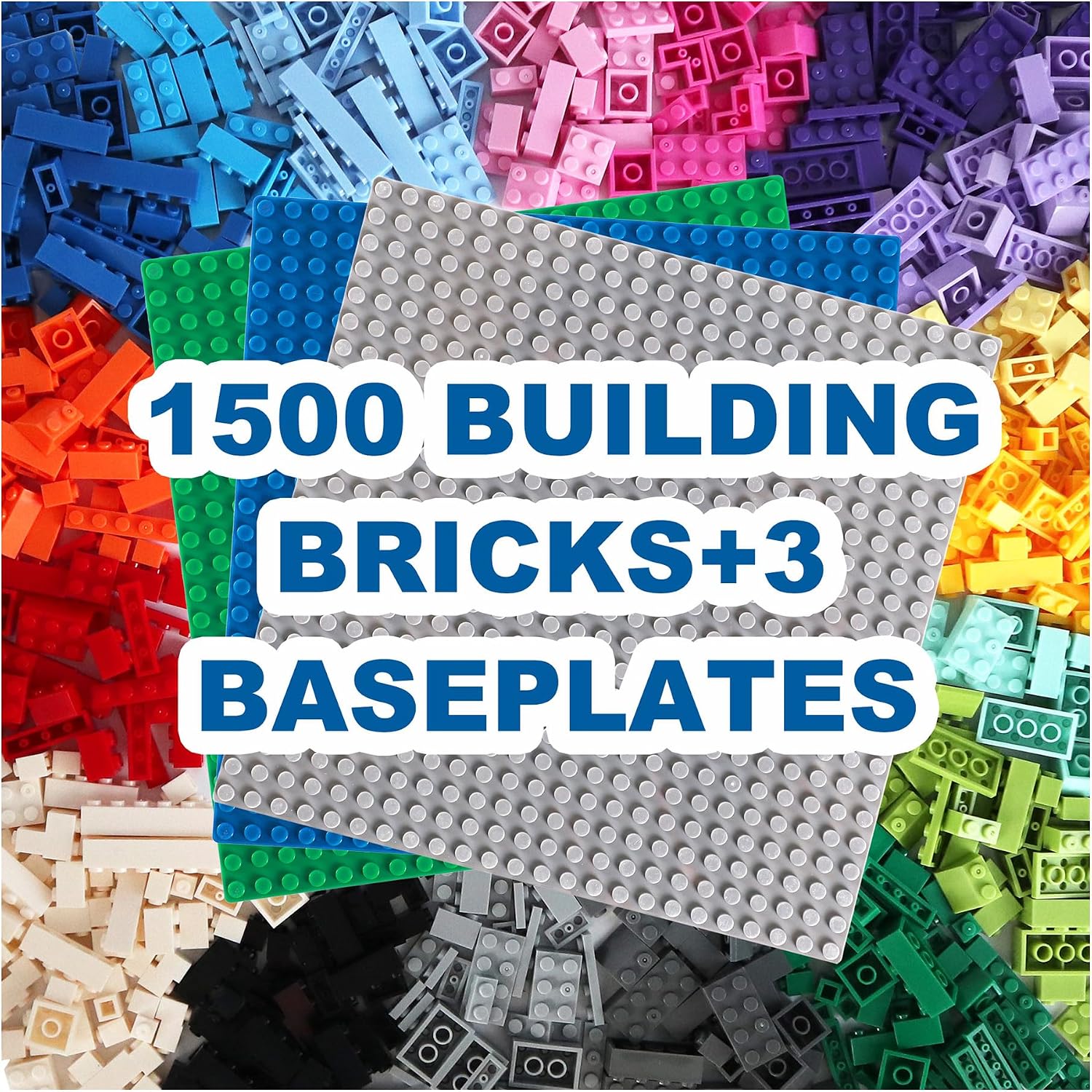 1500PCS Classic Building Bricks Set with 3 Baseplates | Compatible with Major Brands, Bulk Building Block Set, Multiple Colors, 3 Pack Baseplates Included, Creative Building Play