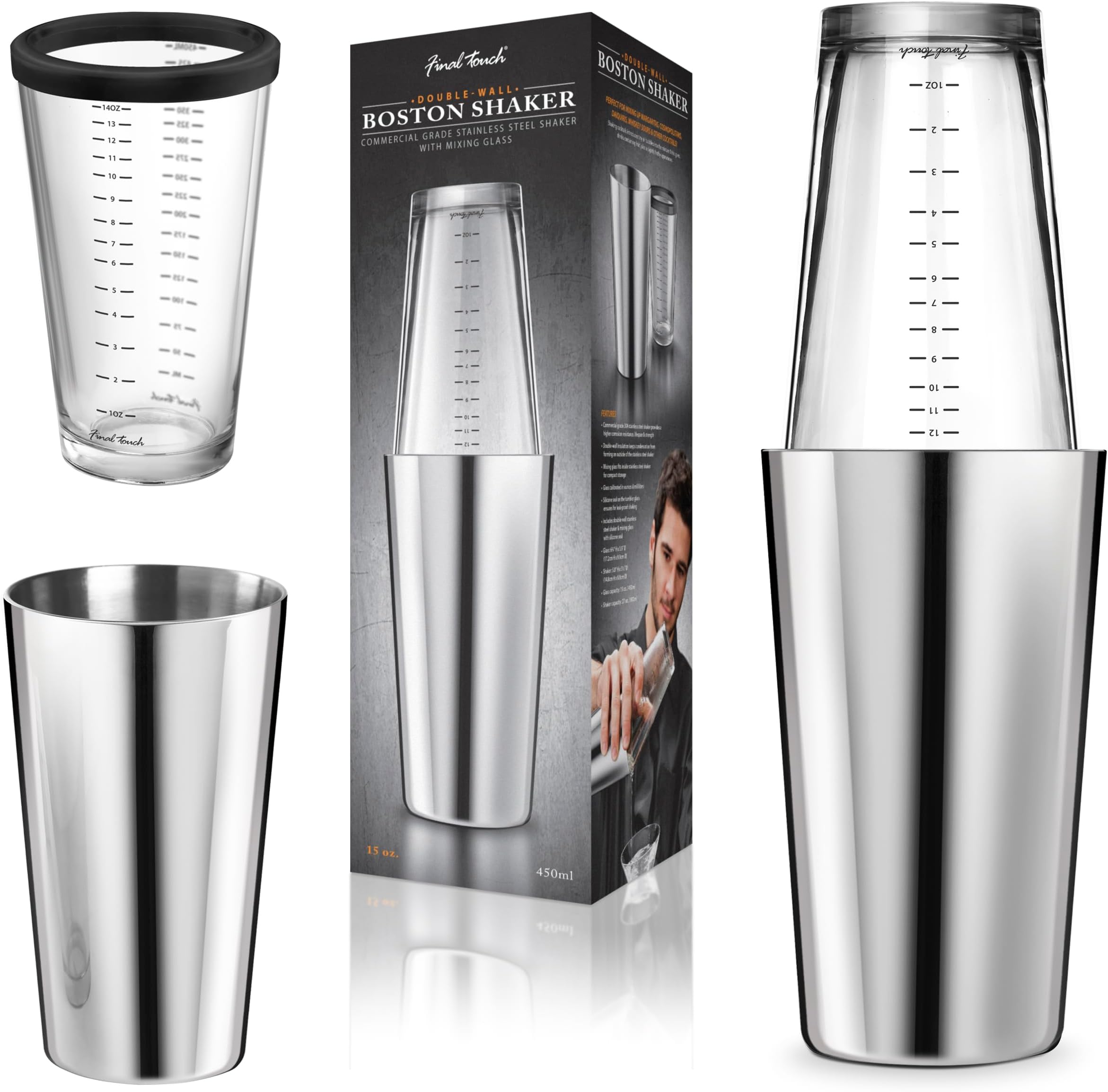 Double-Wall Boston Shaker Set - Stainless Steel Mixing Glass with Silicone Seal - BPA-Free, Compact Storage - Leak-Proof Design - Cocktail Bartender Kit (FTA1852)
