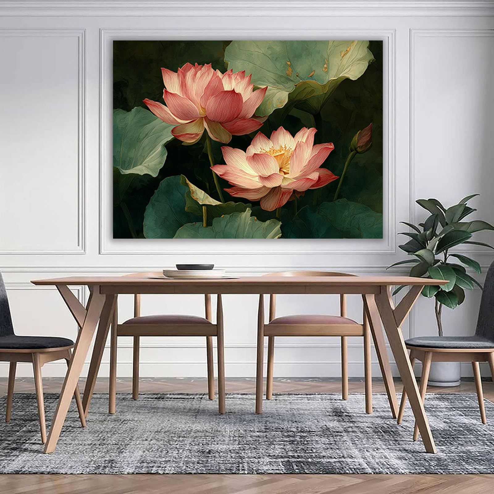 ZAMAEIU Semplice arte botanica Stampe su Canvas Foglie di loto rosa per Camera da Letto Agriturismo Soggiorno Bagno(rosa)-60x90cm Incorniciato