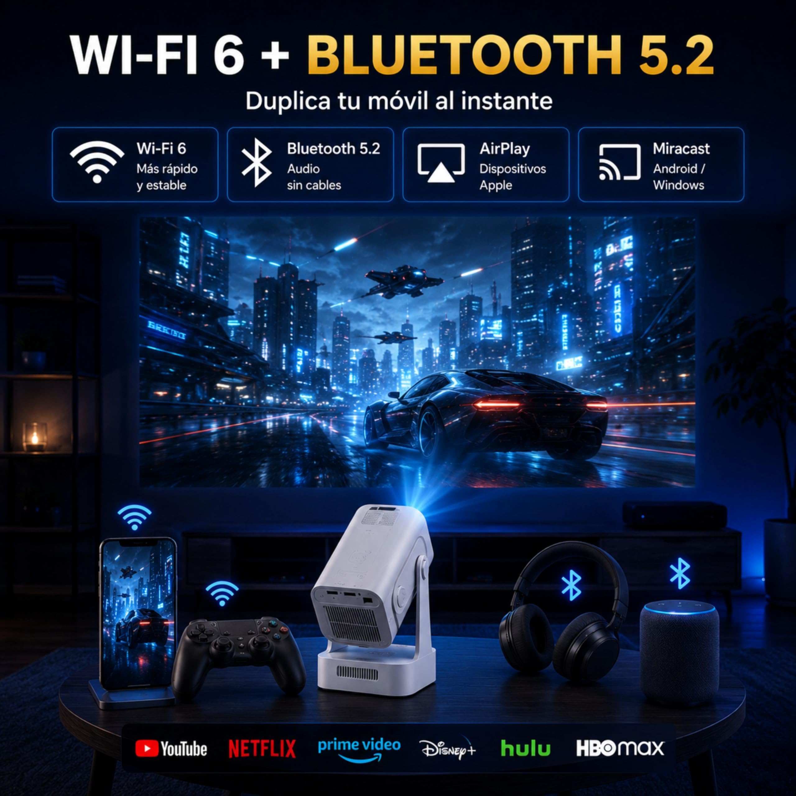 Mini proiettore portatile 1080p con supporto 4K, versione migliorata 2026, proiettore TV, proiettore portatile, Android 11 Auto Focus, fino a 130 pollici di proiezione, rotazione a 180°, per soffitto