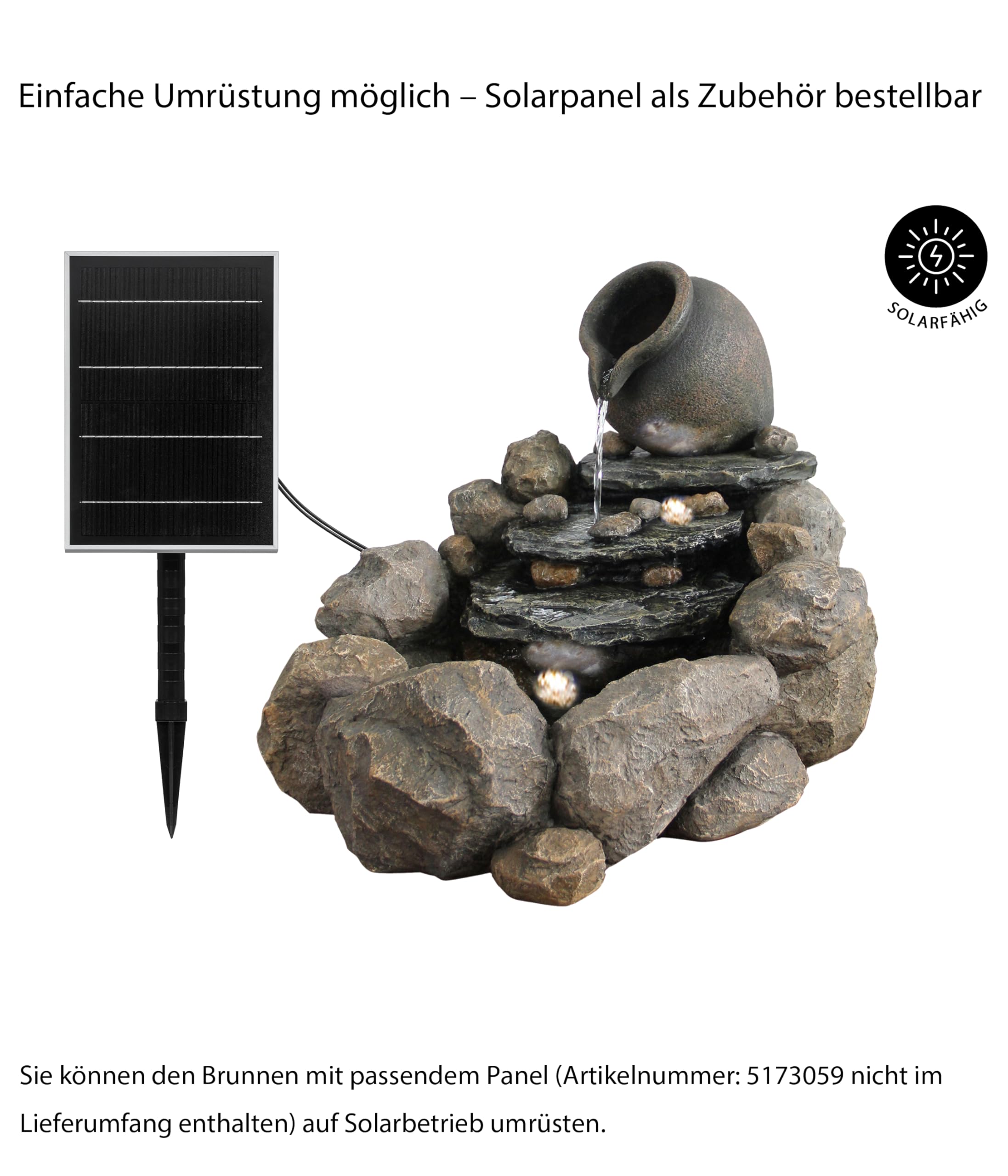 Dehner Gartenbrunnen Soltero, Outdoor-Brunnen, mit LED-Beleuchtung, solarfähig, ca.69x54x57,8 cm, Polyresin, grau