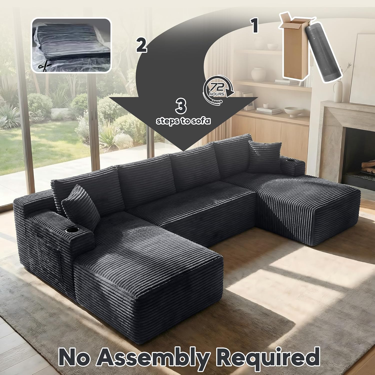 125 Inch Modular Sectional Sofa, Cloud Couch Oversized U Shaped Corduroy Sofa with Storage & Cupholders, Modern Deep Seat Boneless Couches for Living Room, No Assembly Required, Dark Grey