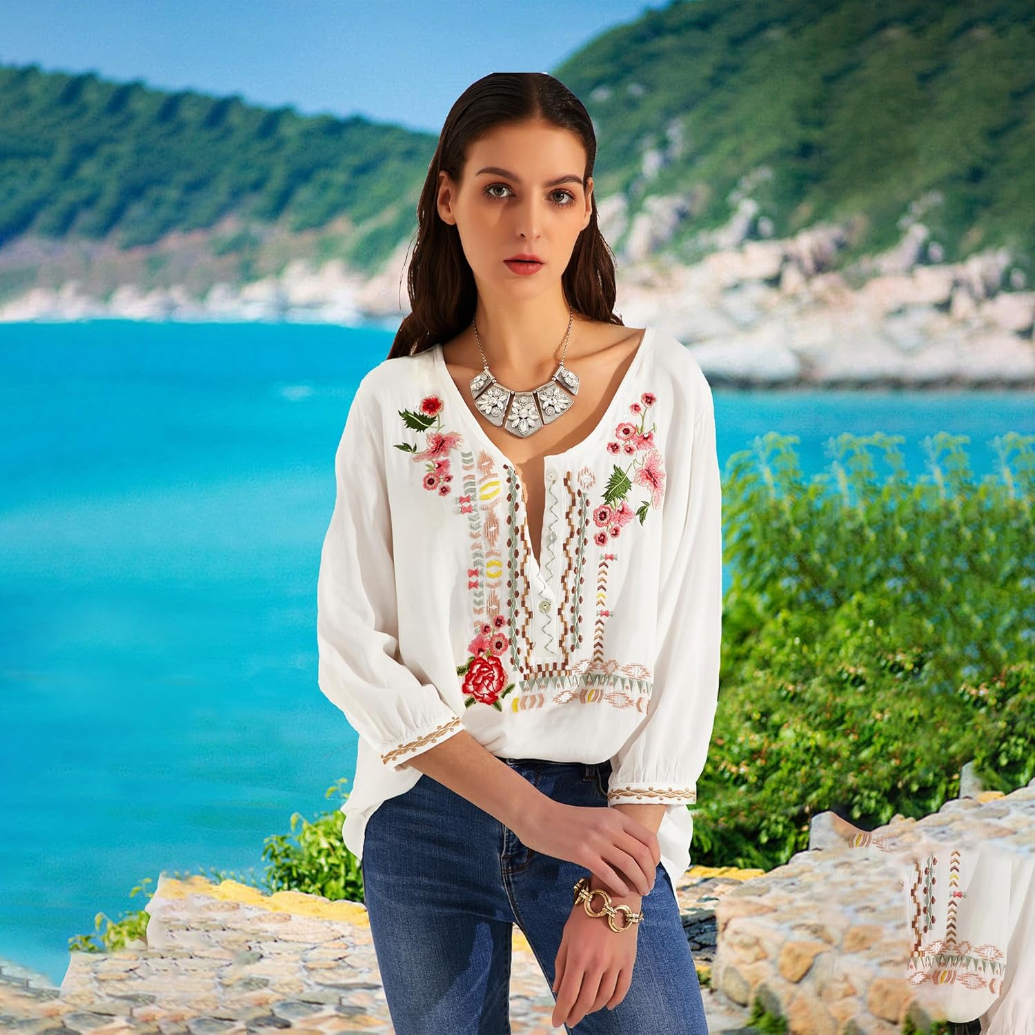 Higustar Mexican Tops for Women Embroidered Shirts Bohemian Hippie Clothes Tunic Fiesta Plus Size Boho Peasant Blouses - Image 4