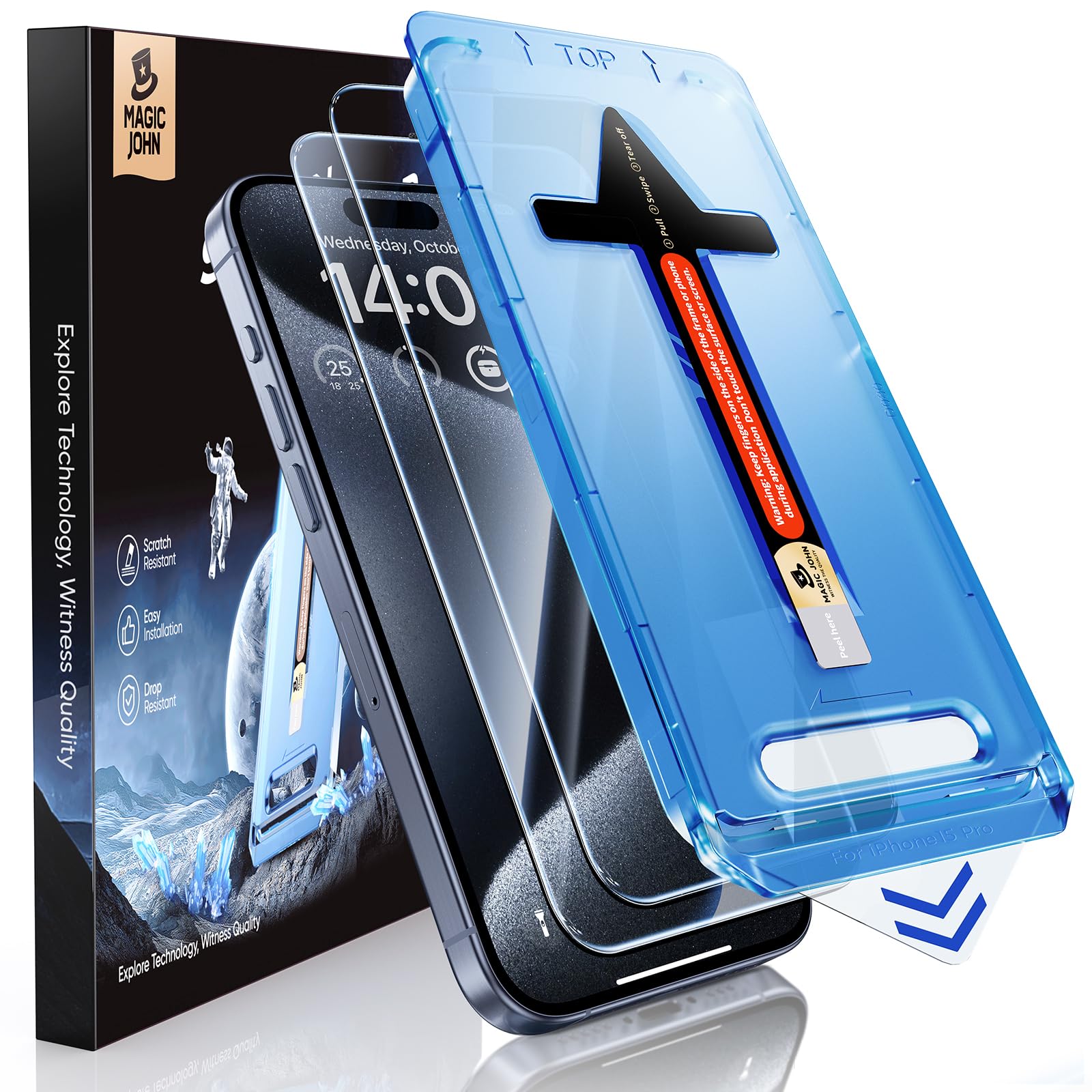 MAGIC JOHN 2 Stück für iPhone 15 Pro für Schutzfolie (6,1 Zoll), Auto-Dust-Eliminierung, 9H, HD Klar, Bläschenfrei, Einfache Installation