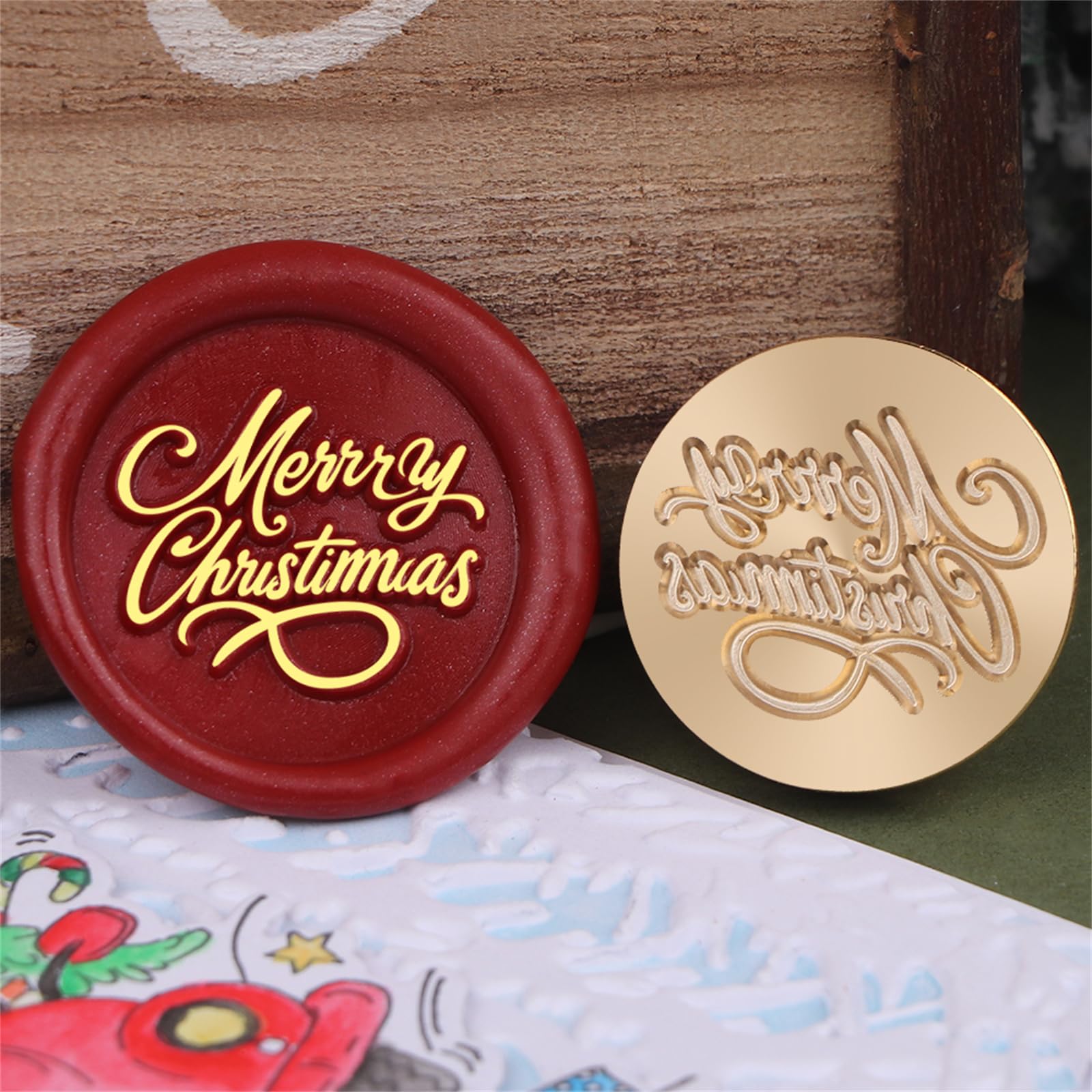 Aiviman Merry Christmas Wax Seal Stamp,Vintage Sealing Wax Stamp 25mm Removable Brass Stamp Head with Wooden Handle for Gift Wrapping,Card Envelopes Invitations,Christmas