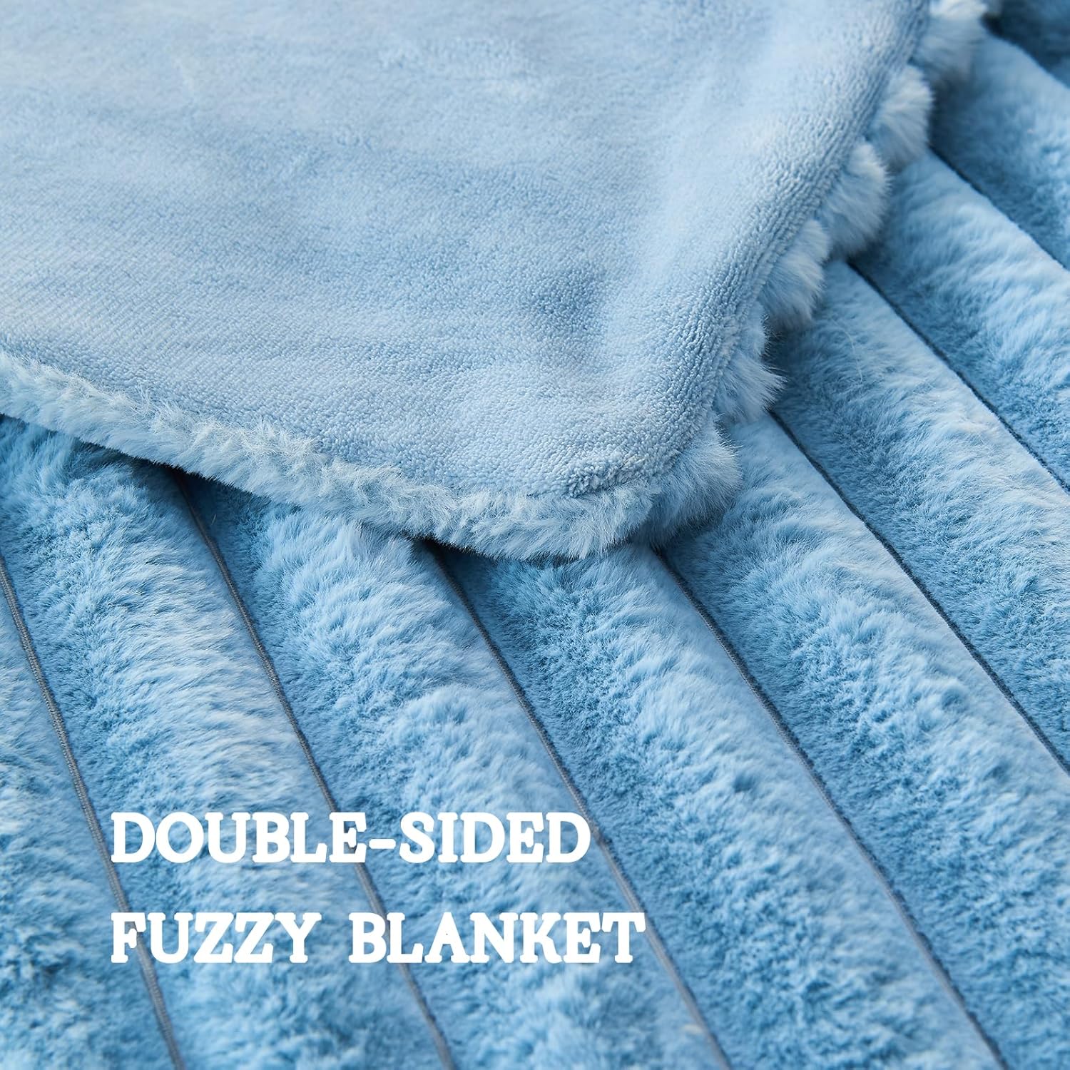 Lotus Karen Faux Fur Throw Blanket - Stripe Faux Rabbit Fur Blanket for Couch, Cozy Soft Fluffy Fuzzy Blanket, Warm Thick Furry Plush Shaggy Small Blankets for Women, Blue,50x60 Inches - Image 6