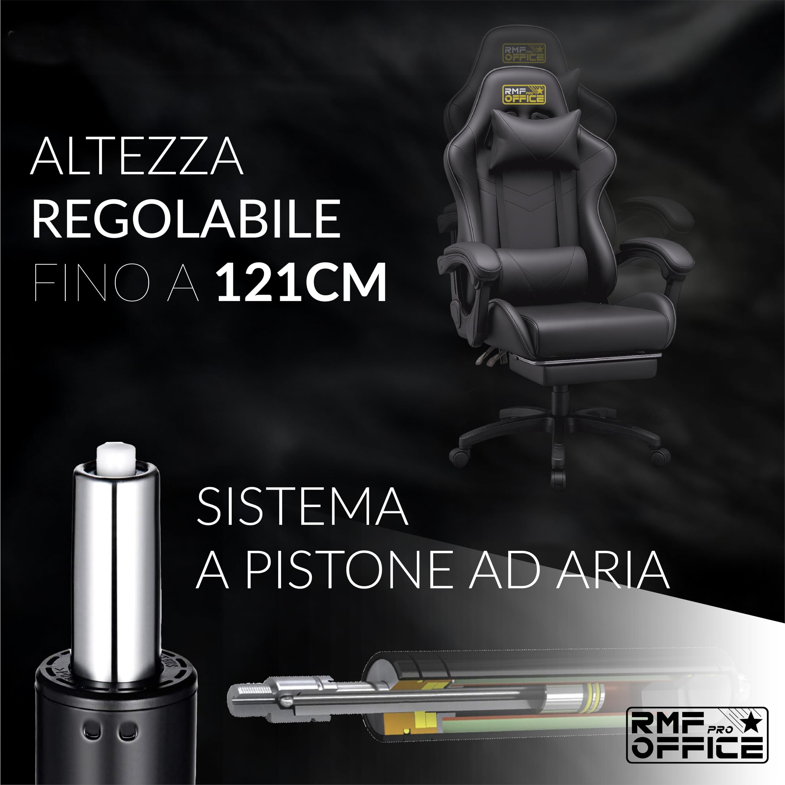RMF Sedia Gaming Professionale Ergonomica Reclinabile, Poltrona Gaming Seduta Comoda e Rilassante con Poggiapiedi - Sedia per Gamer con Ruote Girevoli, Altezza Regolabile Nero