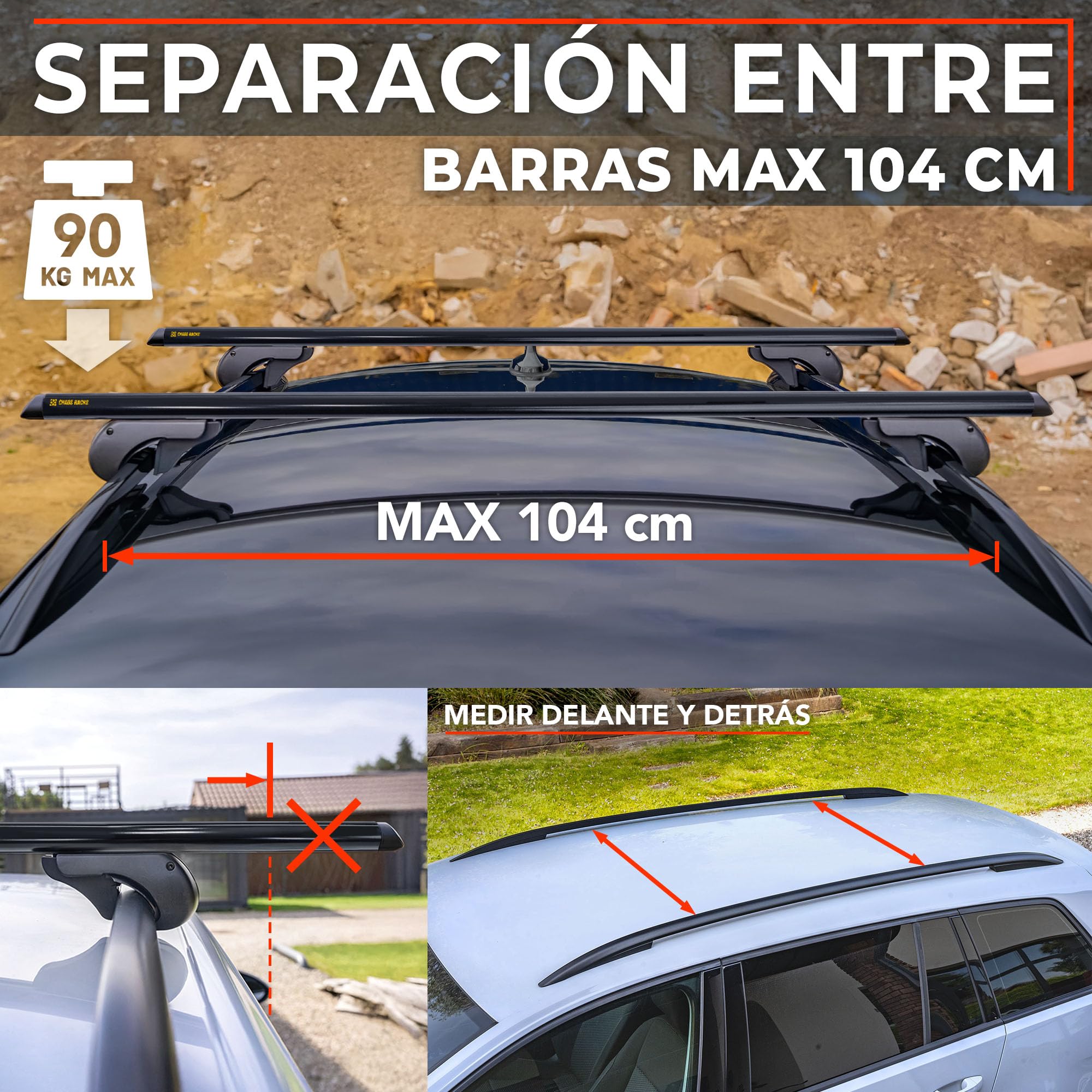 Chaos Racks | Baca Coche Universal para Raíles Abiertos; Barras de Techo; Transporta de Forma Segura Cofre de Techo, Portabicicletas y Escalera; Construcción de Aluminio Ligera y Resistente; 120 cm