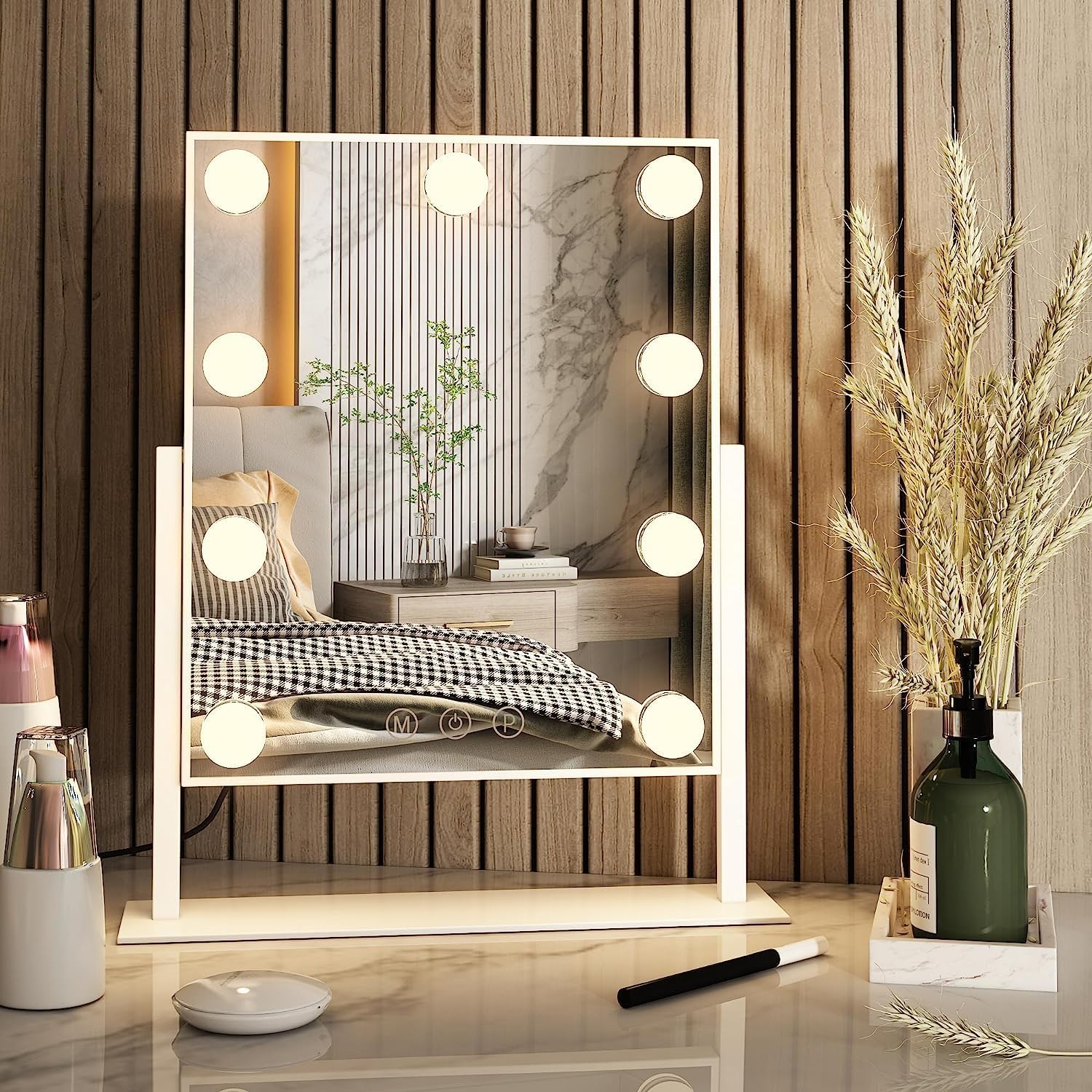 SKADE Hollywood Mirror with Light Large Lighted Makeup Mirror Vanity Makeup Mirror Smart Touch Control 3Colors Dimable Light Detachable 10X Magnification 360°Rotation(White)