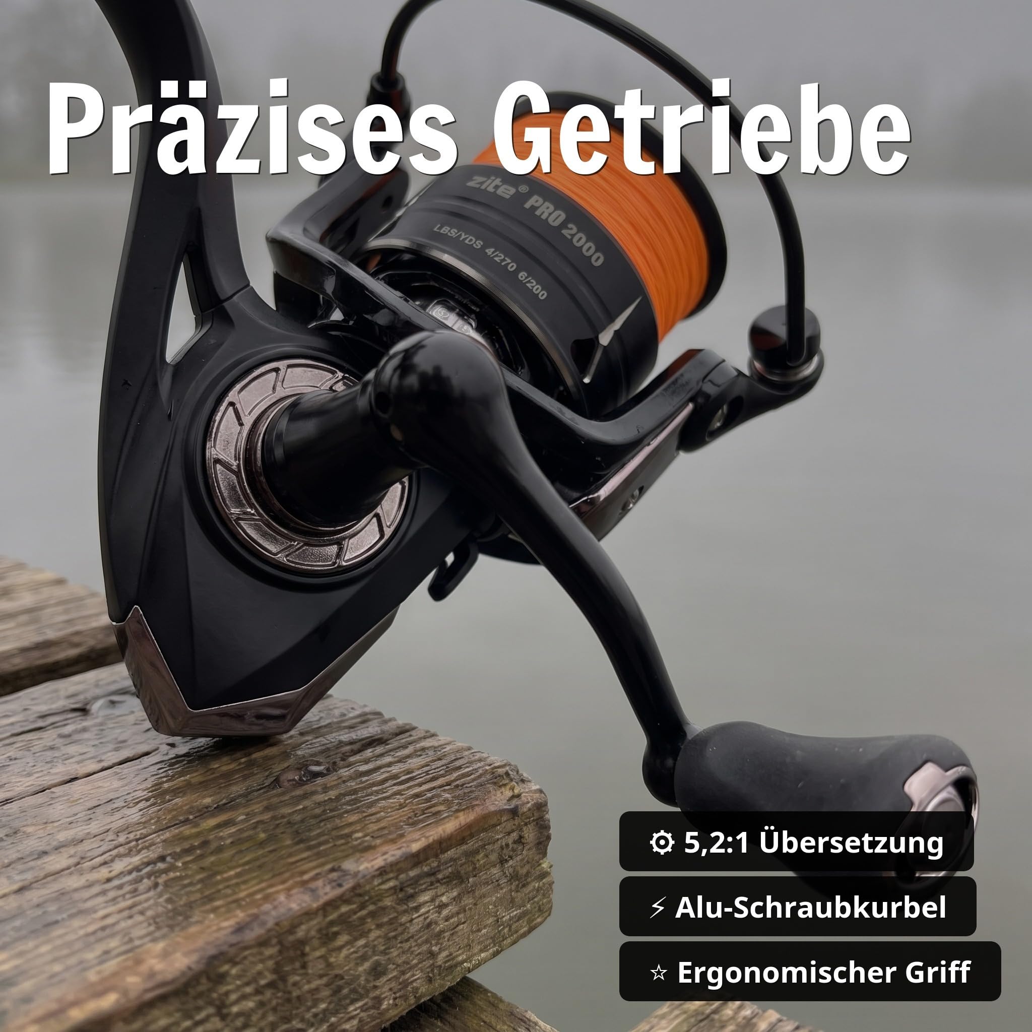 Zite Carrete de pesca Spinning Pro 2000-4000 | Carrete giratorio con freno delantero | 8+1 rodamientos de bolas | Manivela plegable de aluminio y mango EVA | Para trucha, perca, lucioperca y lucio