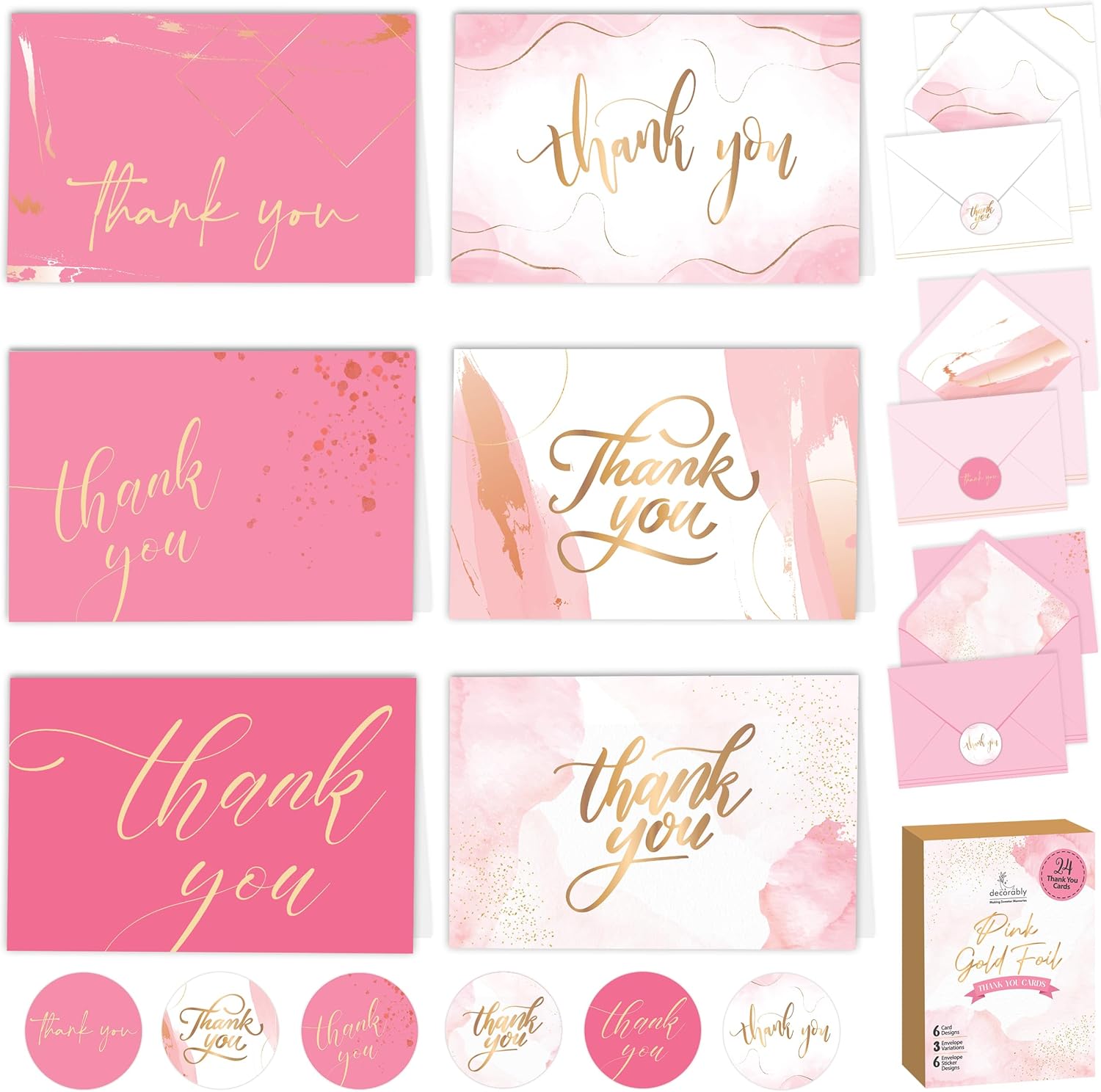 24 GoldFoiled Pink Thank You Cards with Envelopes