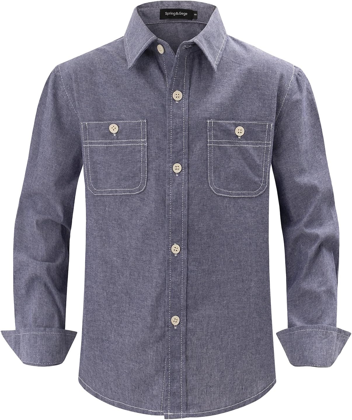 Spring&Gege Boys' Long Sleeve Chambray Shirt Casual Cotton Woven Button Down Shirt with Two Pockets