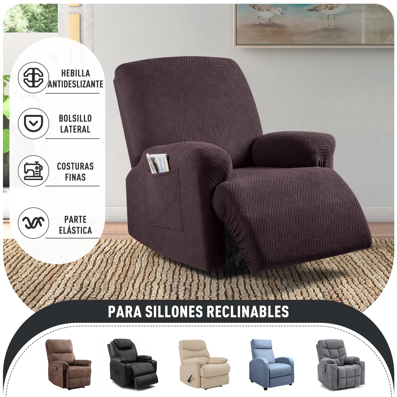 KinCam Funda Sillon Relax reclinable, Funda para Sillón Relax de Jacquard, Funda Sillon orejero Funda Elástica con Bolsillo para Perros y Mascotas, Suave y Lavable Funda Sofa 1 Plaza Café