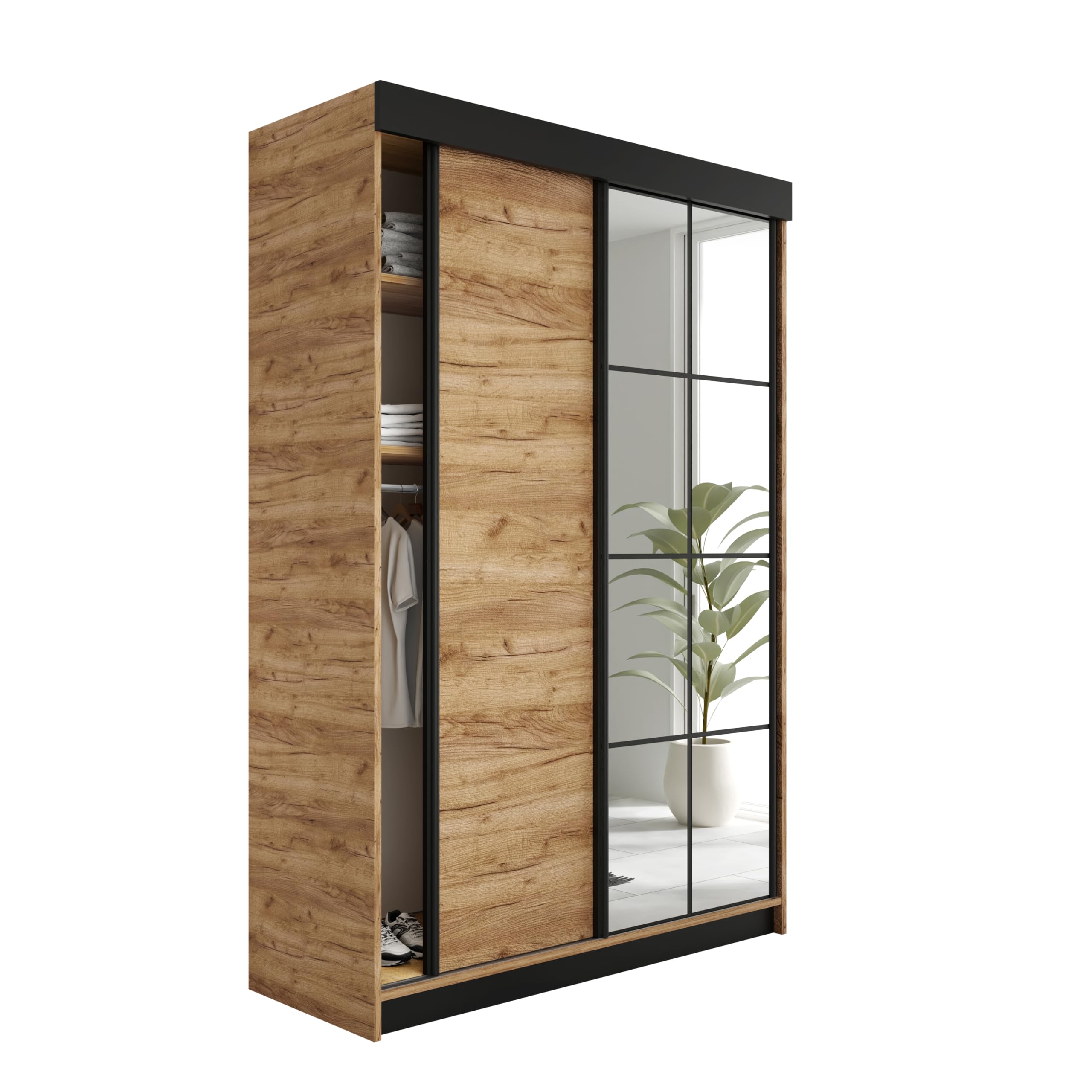 KIER FURNITURE Schiebegarderobe LAMARO mit Spiegel - Schrank Schlafzimmer - Schlafzimmerschrank - Wardrobe Bedroom - Kleiderschränke - Kleiderschrank Eiche Craft Gold - 138x205x59