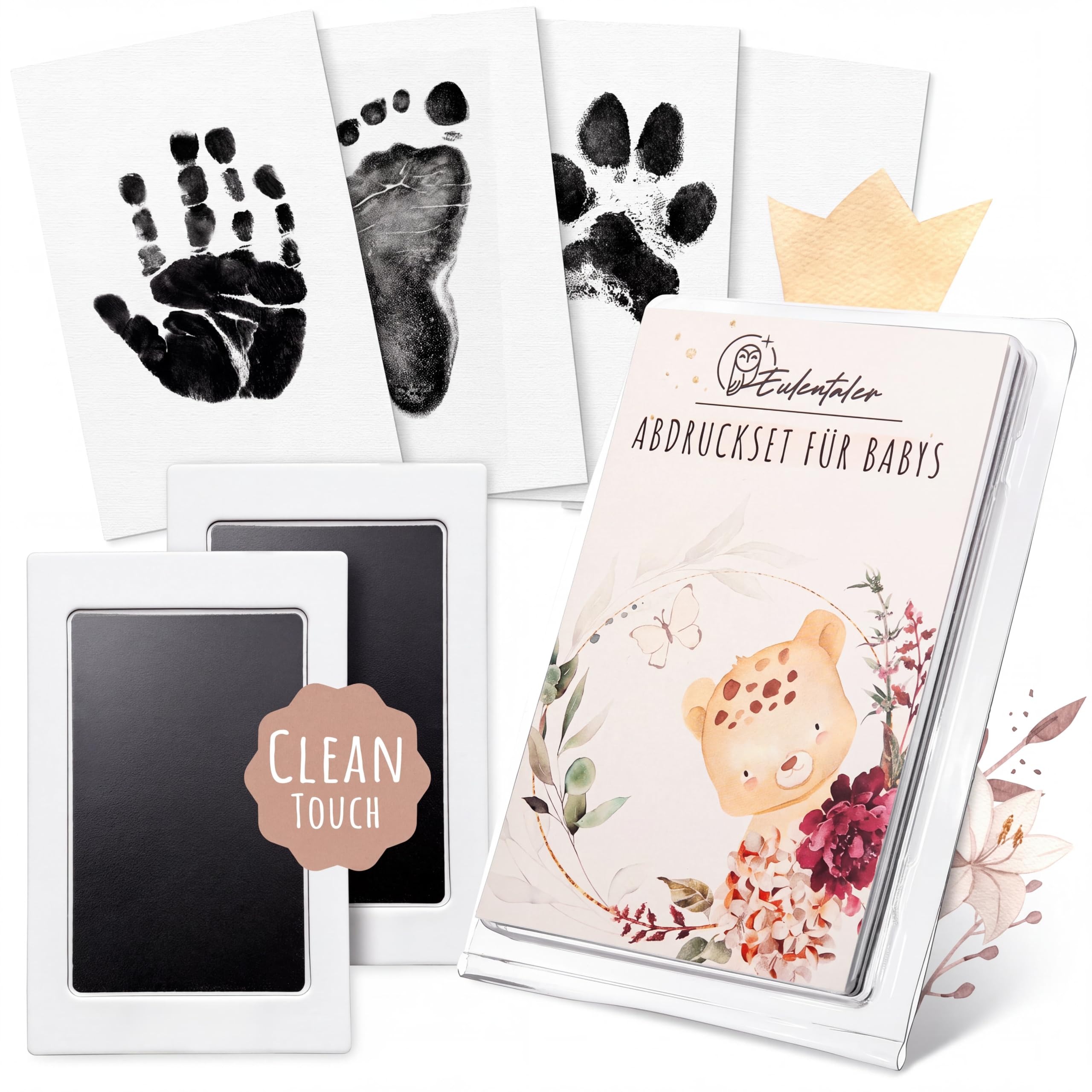 EULENTALER ® Das Baby Abdruckset I 0-6 Monate I Von Pädagogen empfohlen I Für Handabdruck, Fußabdruck & Pfotenabdruck I inkl. 2 Stempelkissen & 4 Abdruckkarten I Geschenk zur Geburt