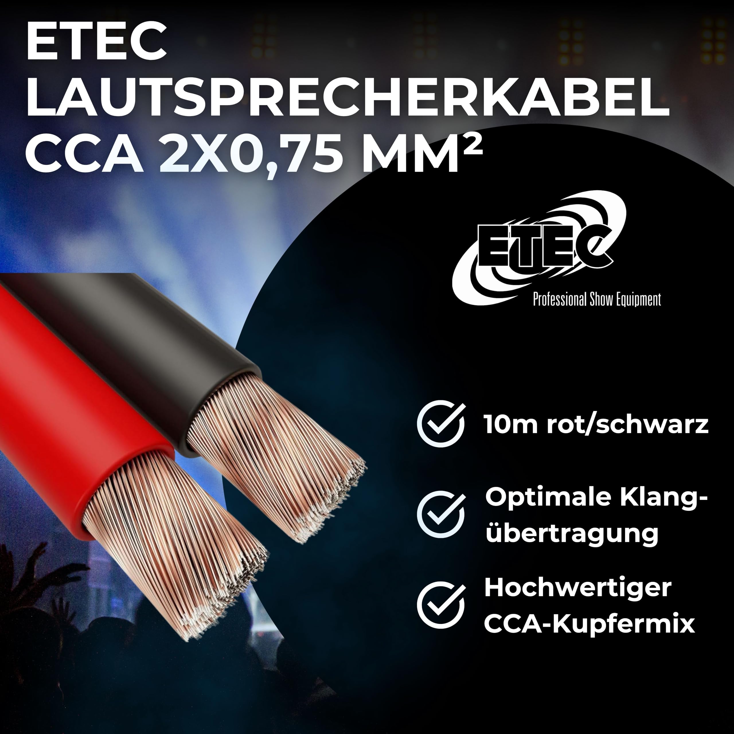 ETEC, kabel głośnikowy 10 metrów, CCA, przekrój 2x0,75mm², czerwony/czarny