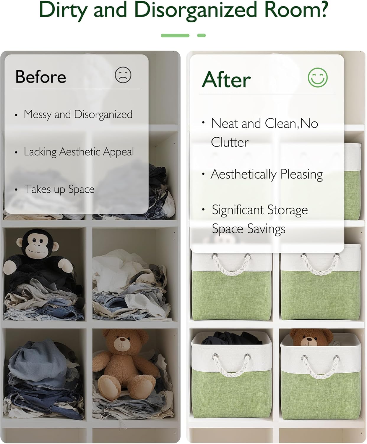 11x11 Cube Storage Bins, 6 Pack Foldable Fabric Organizer Bins with Rope Handles, Storage Cubes for Organizing Bedroom, Living Room, Clothes and Toys, Shelves and Closet (White & Green)