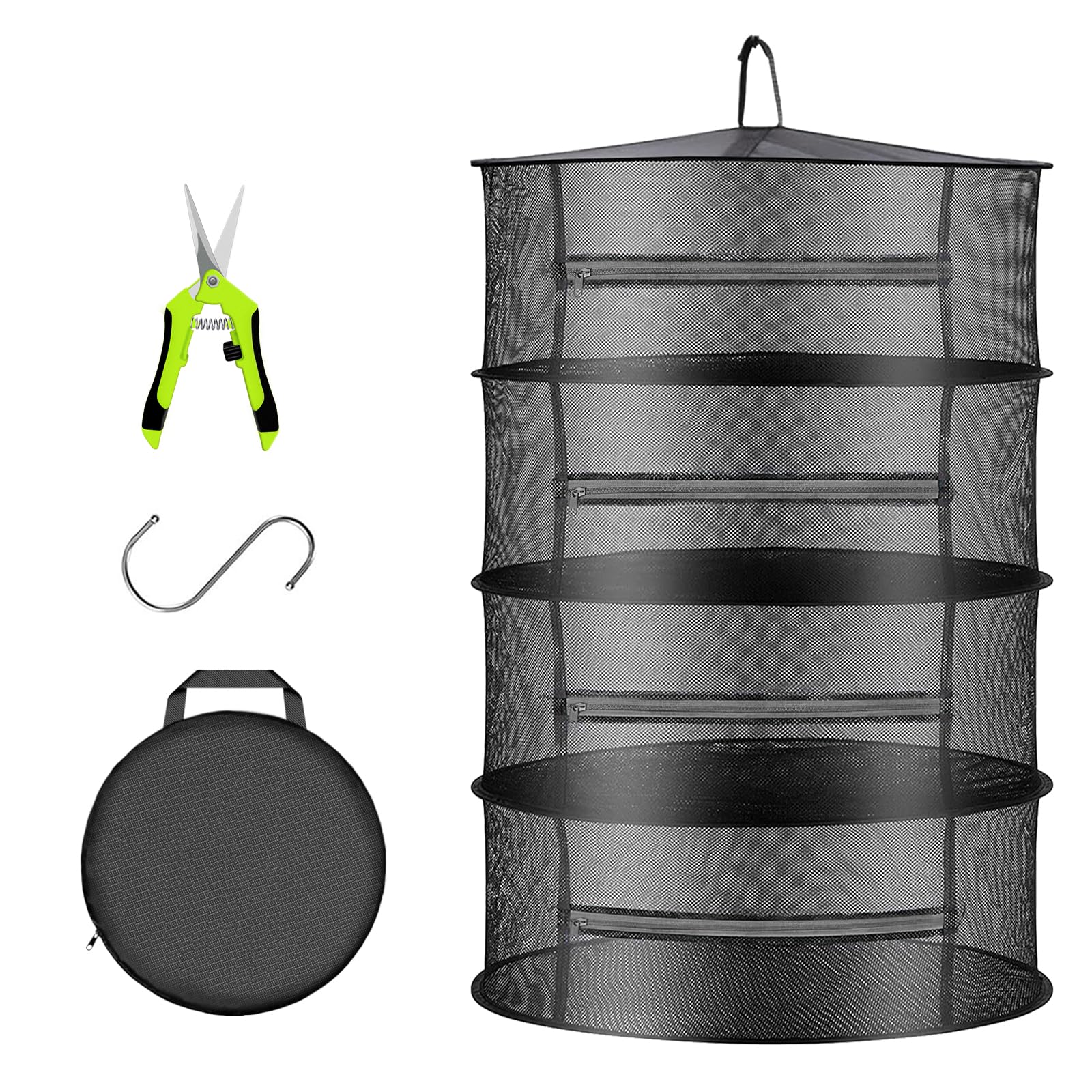 Herb Drying Rack Net Mesh with Black Zippers Hydroponics, Bonus Hook Scissor Drying Rack 2ft for Plant Bud Seed, Mesh Hanging Plant Dry, Herb Dry Net for Garden (4 L, Black Zipper)