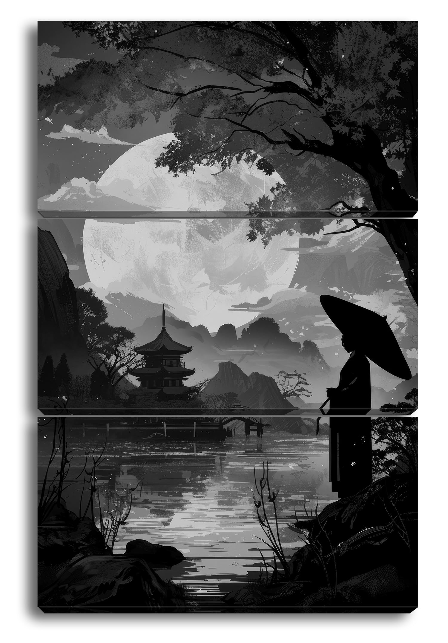 Podróżnik w świetle księżyca, ukryty w cieniu jesiennego japońskiego ogrodu. Format: 120 x 80 cm (3 części) Efekt: czarno-biały jako obraz na płótnie, motyw oprawiony na ramie z prawdziwego drewna,
