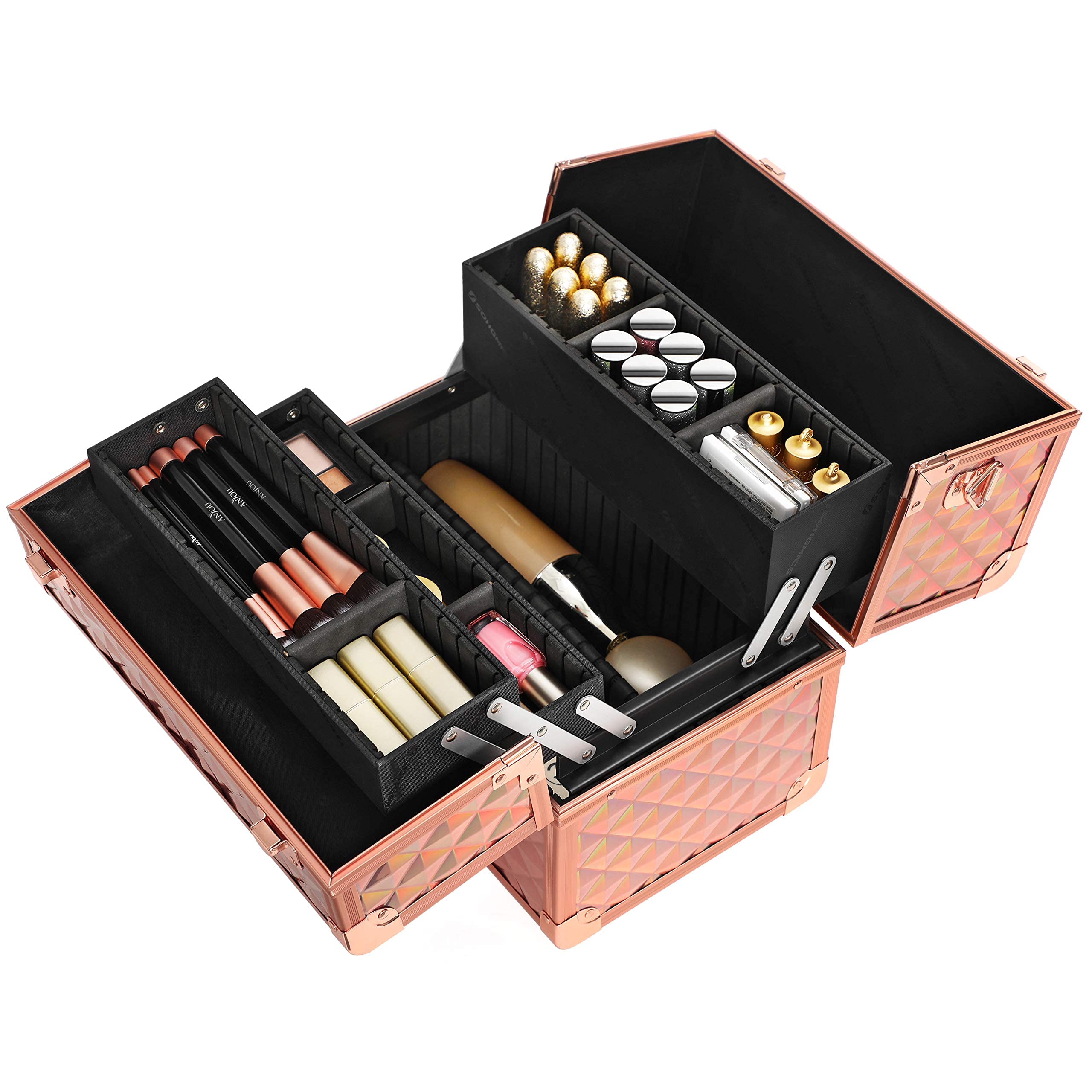 SONGMICS Kosmetikkoffer Schminkkoffer, Make-up Aufbewahrung, Organizer für die Reise, für Friseure und Visagisten, abschließbare Box mit Tragegurt, roségold metallic JBC323RD