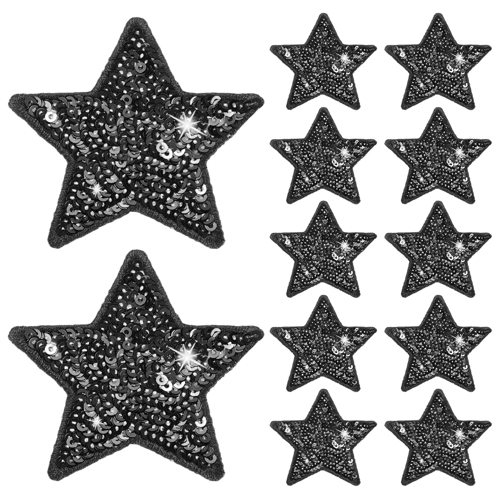 M METERXITY 12-Pack Sequin Star Iron Patches, 2.4x2.4in/6x6cm Colorful Shiny Patches Embroidery for Clothes/Hats/Bags/DIY/Repair Hole, Glitter Star Applique Sewing Patch [Black]