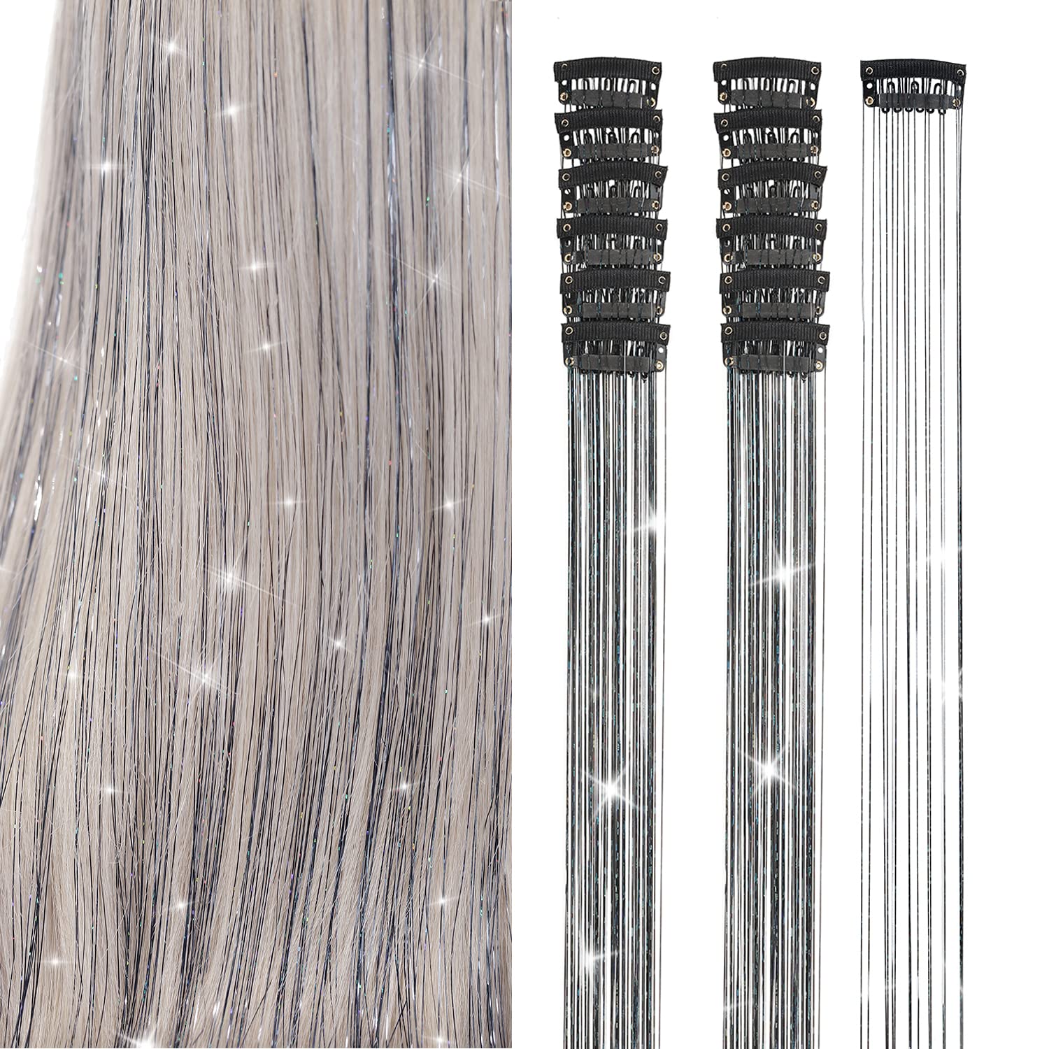 Ubeleco Black Hair Tinsel, Packs of 12Pcs Clip in Hair