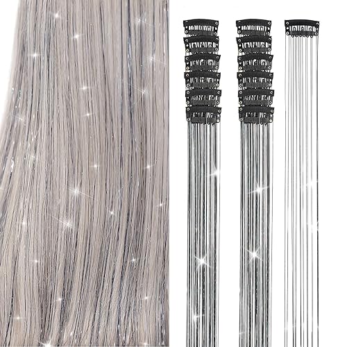 Miniatura 20 de Juego de 12 piezas de oropel para el cabello, accesorios para el cabello con clip de arco iris de 20.5 pulgadas, kit de oropel de hada para mujeres