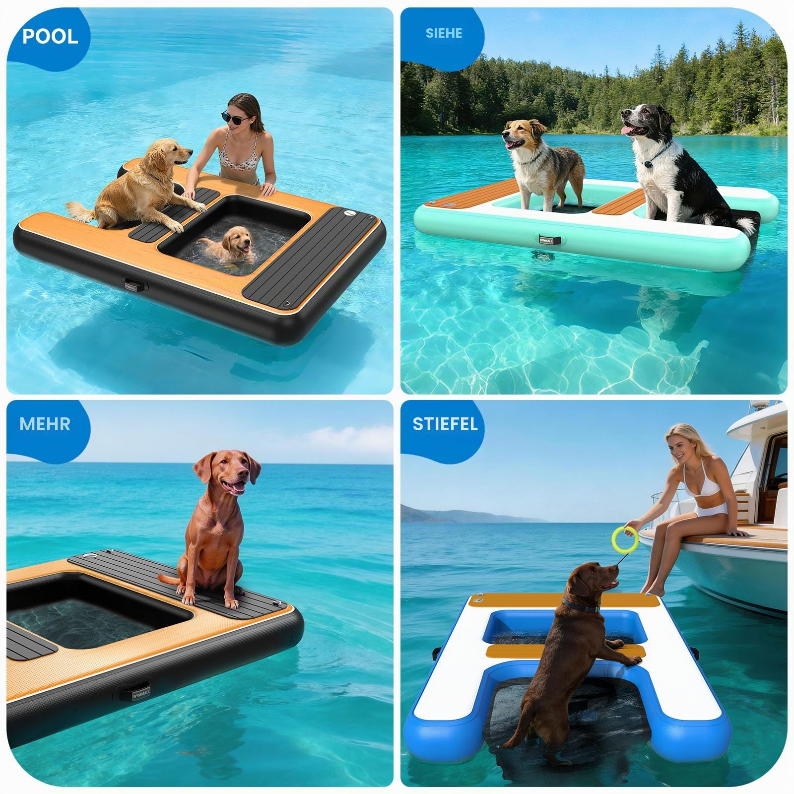 Aufblasbare Hunderampe, 170x120cm, Bis 150kg | Schwimmend, 2-in-1 Plattform & Rampe, Reißfest, für Boote/Pools/Docks, Gelenkschonend für ältere Hunde, einfache Lagerung