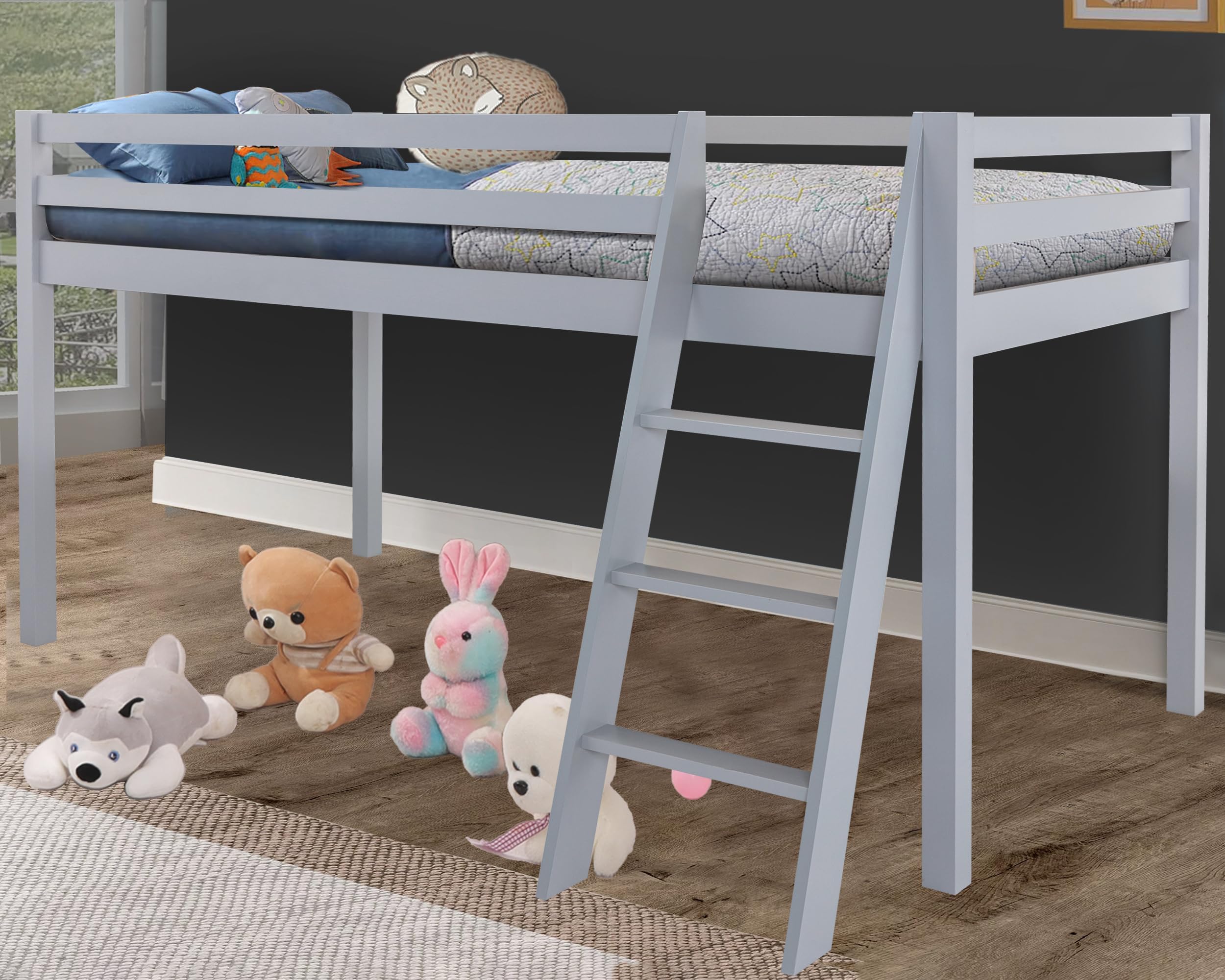 Blisswood 3ft Single Bunk Bed, Solid Pine Wood Kids Cabin Bed Mid Sleeper Single Bed Frame with Stairs, Wooden Bunk Beds, Loft Sleeper Bed Frame (Grey)