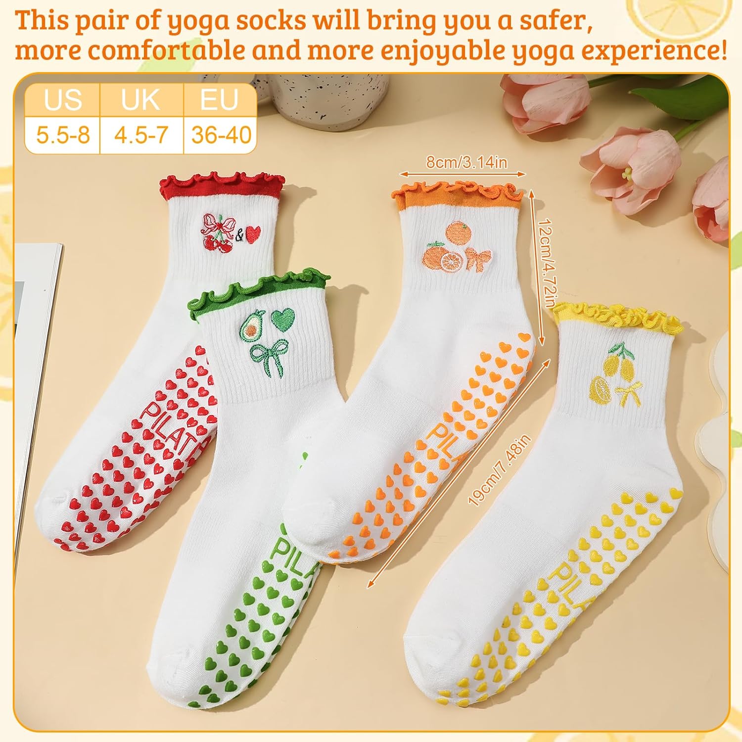 5 Pairs Cute Pilates Socks for Women, Ruffle Frilly Yoga Socks Non Slip Cotton Crew Socks with Embroidery Pattern - Image 6