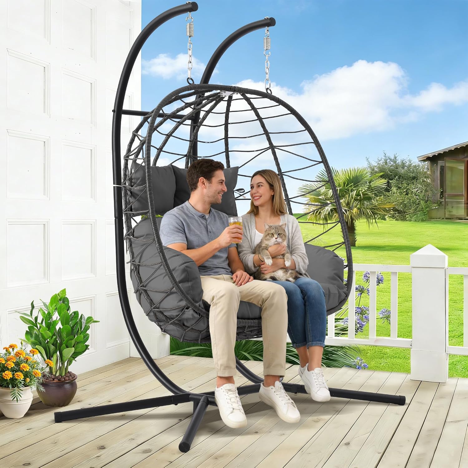 Grepatio Double Egg Chair with Stand, Outdoor Hanging Swing Chairs, 2-Person Hammock Egg Chair with Cushion and Pillows, Patio Porch Swings Indoor Loveseat 600LBS Capacity for Garden (Grey, Double)