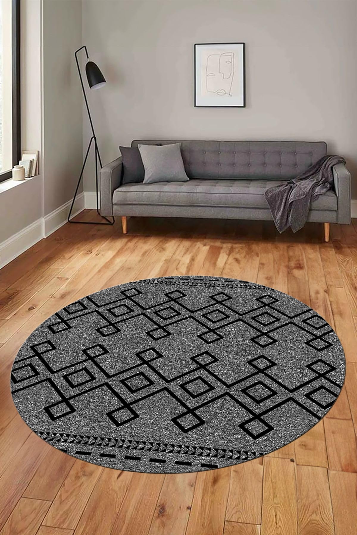 Evdeya Sade Desen Özel Tasarım Kaymaz Taban Yıkanabilir Yuvarlak Mutfak Salon Halısı Y-MODERN-87, Gri, 60 x 60