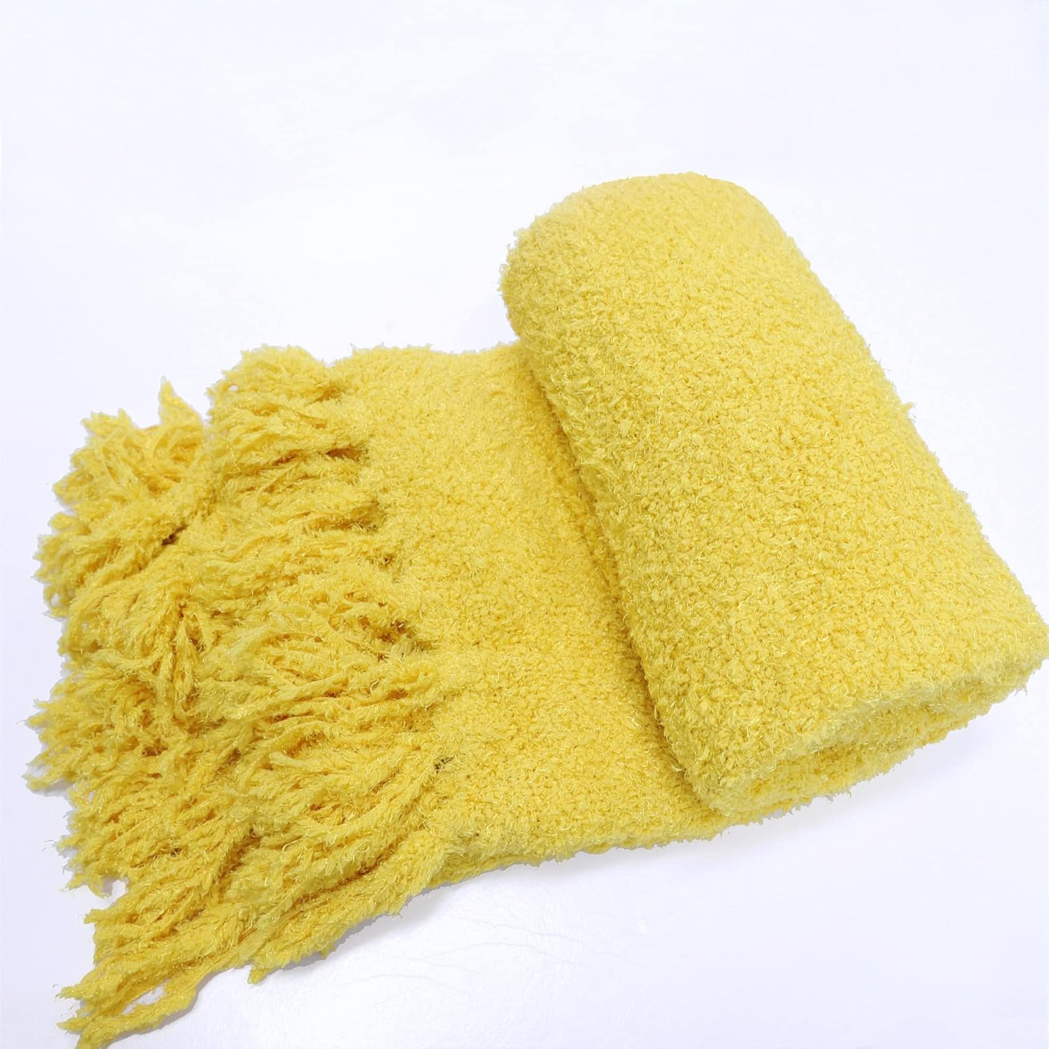 Fluffy Throw Blankets Couch Cover Throw with Fringe Tassels, Plush Fuzzy Furry Soft Cozy Lightweight Throw for Couch Sofa Bed Chair Home Decor, 50" x 60", Sunshine Yellow