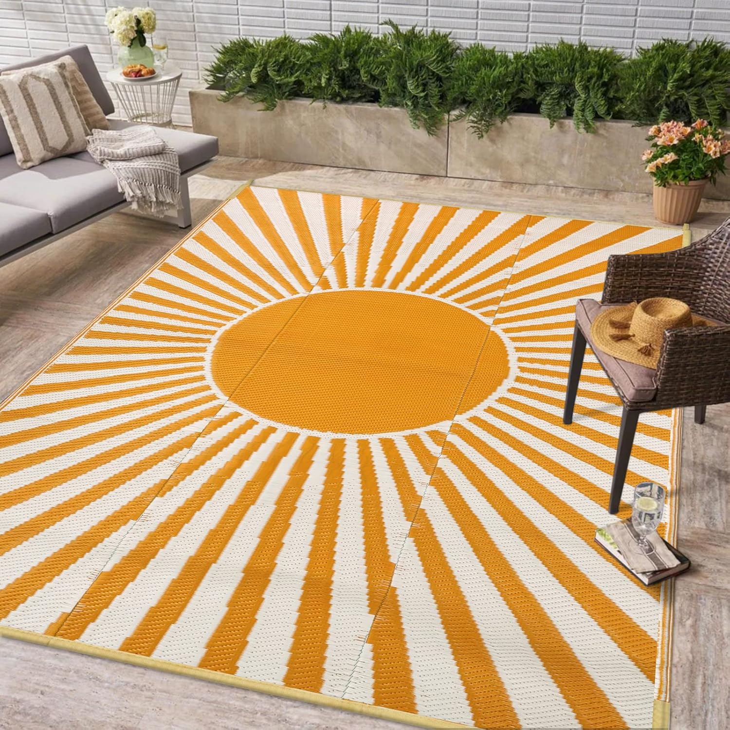 Wonnitar 5x8 Waterproof Outdoor Rug - Reversible Plastic Straw Camping Rug, Portable Outside Patio Carpet for Deck, Indoor Outdoor Mat for Backyard RV Camper Garden Picnic (Orange, 5'x8')