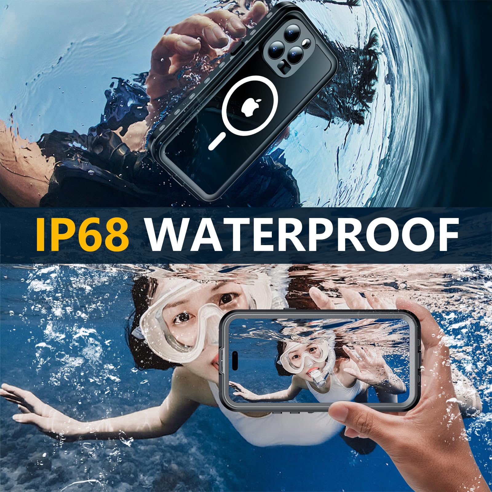 Red2Fire Schutzhülle für iPhone 15 Pro Max, wasserdicht, integrierter Displayschutz und Kameraschutz, kompatibel mit MagSafe, stoßfest, IP68 wasserdicht, staubdicht, 17 cm (6,7 Zoll), schwarz